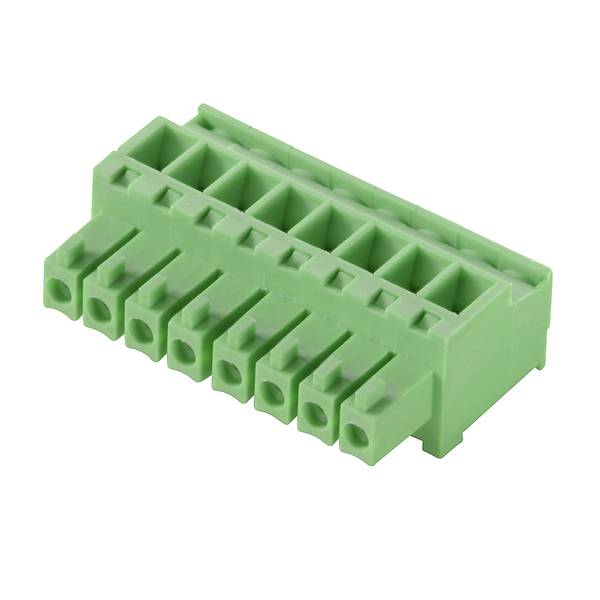 Grüner mehrstiftiger Elektroanschlussblock-Stecker vor weißem Hintergrund, perspektivisch dargestellt.