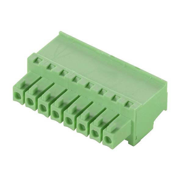 Grüner 8-poliger Schraubklemmleisten-Stecker auf weißem Hintergrund.