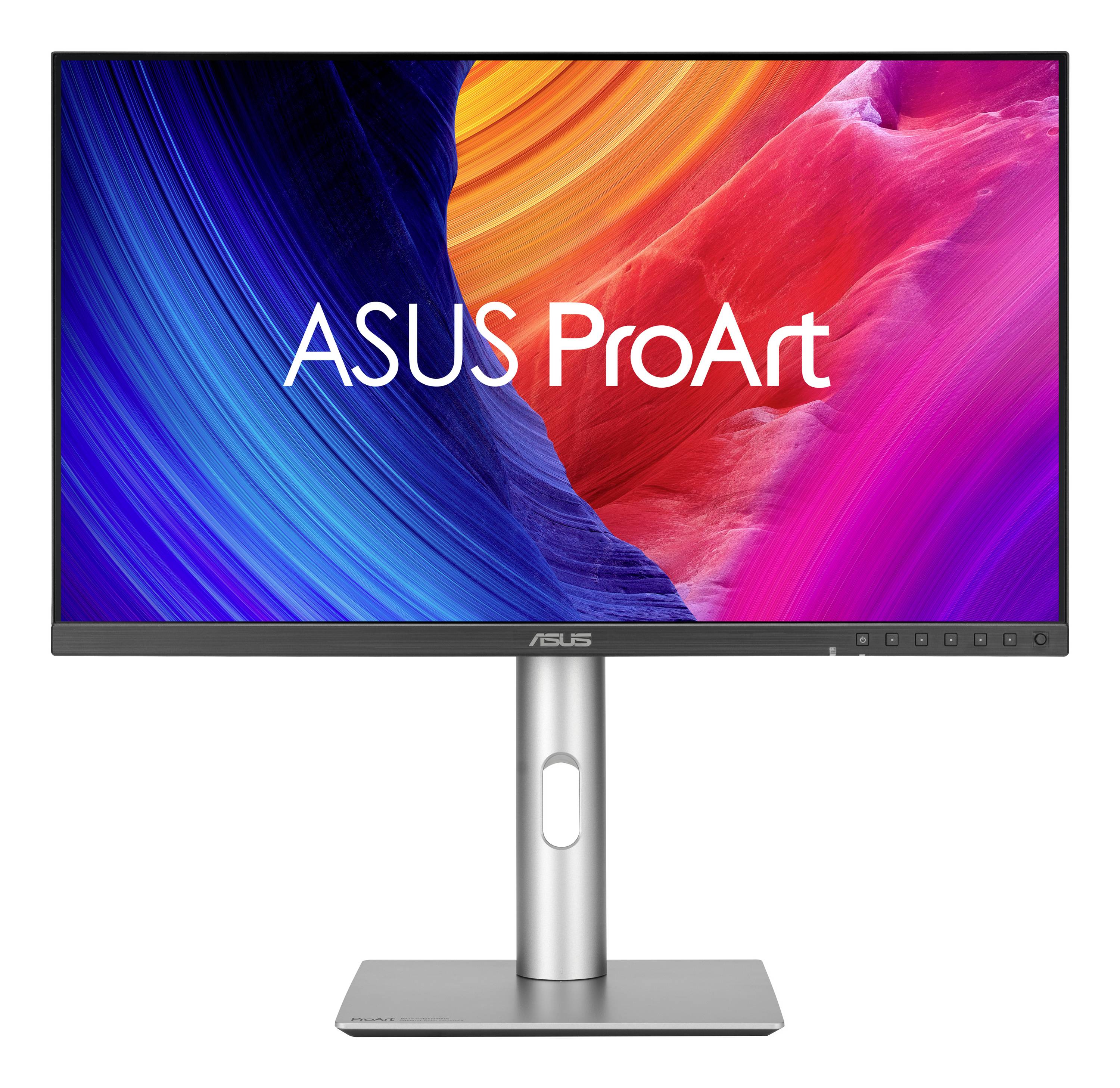 ASUS ProArt Monitor auf einem Ständer, zeigt eine farbenfrohe abstrakte Anzeige mit dem Logo „ASUS ProArt