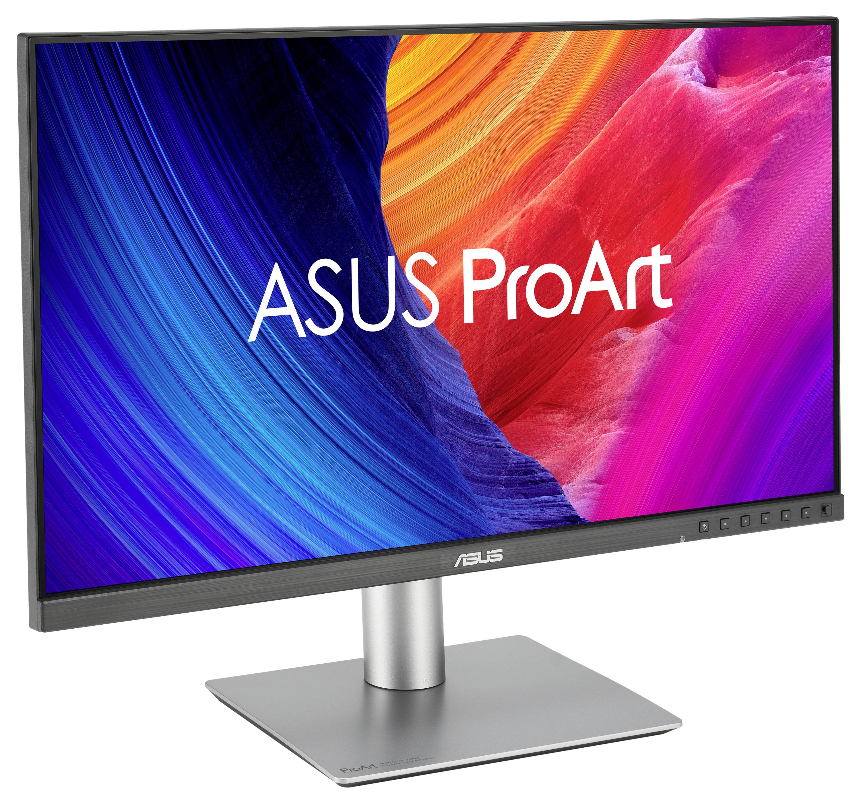 ASUS ProArt Desktopmonitor, schräg auf einem Ständer angezeigt, mit farbenfrohem abstraktem blauem, rotem und rosa Anzeigeformat und ASUS-Logo auf der Blende.