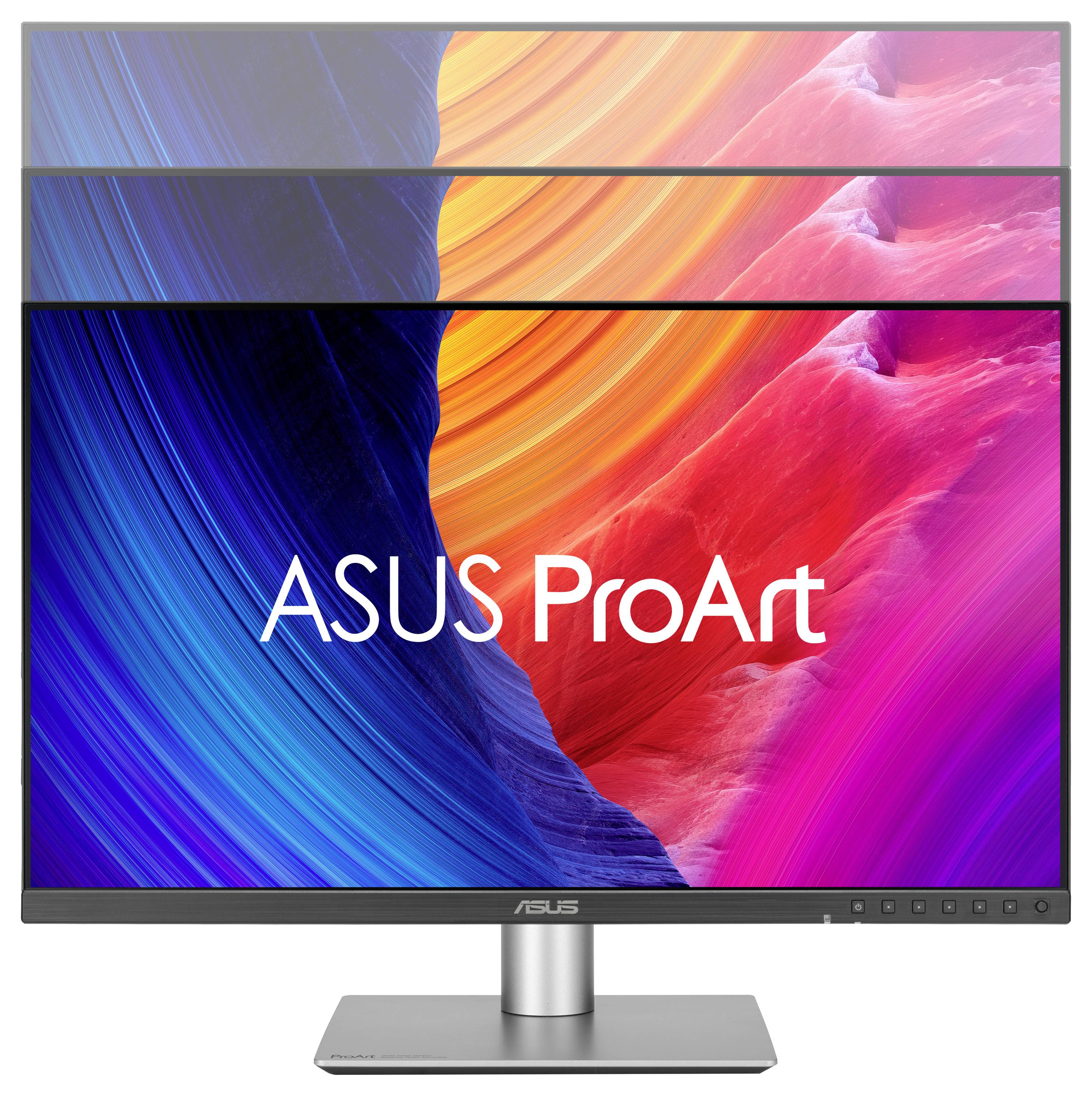 ASUS ProArt Monitor zeigt ein farbenfrohe abstrakte Wirbel-Hintergrundbild mit dem ASUS-Logo in der Bildschirmmitte an.