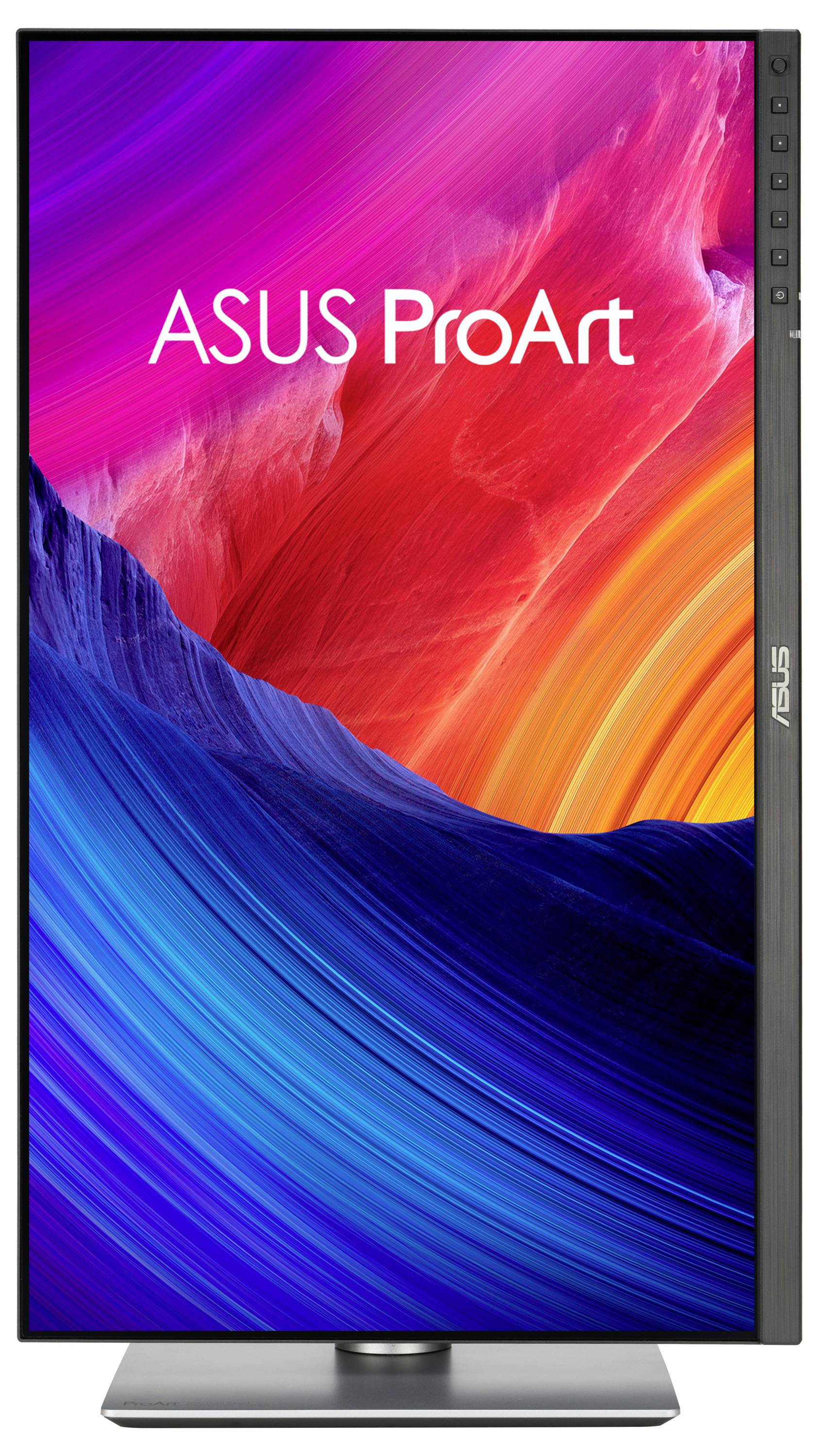ASUS ProArt Computer-Monitor mit lebendigem abstraktem blauem, rotem, rosa und orangefarbenem Display und dem ASUS-Logo auf der Blende.