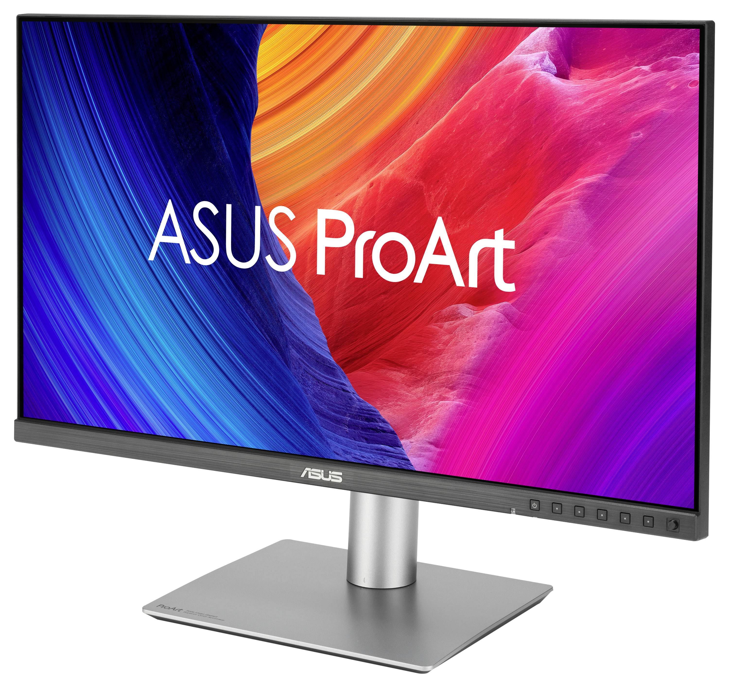 ASUS ProArt Desktop-Monitor auf einem silbernen Ständer, zeigt einen bunten Bildschirm in Blau, Orange und Rosa mit abstraktem Design und dem 
