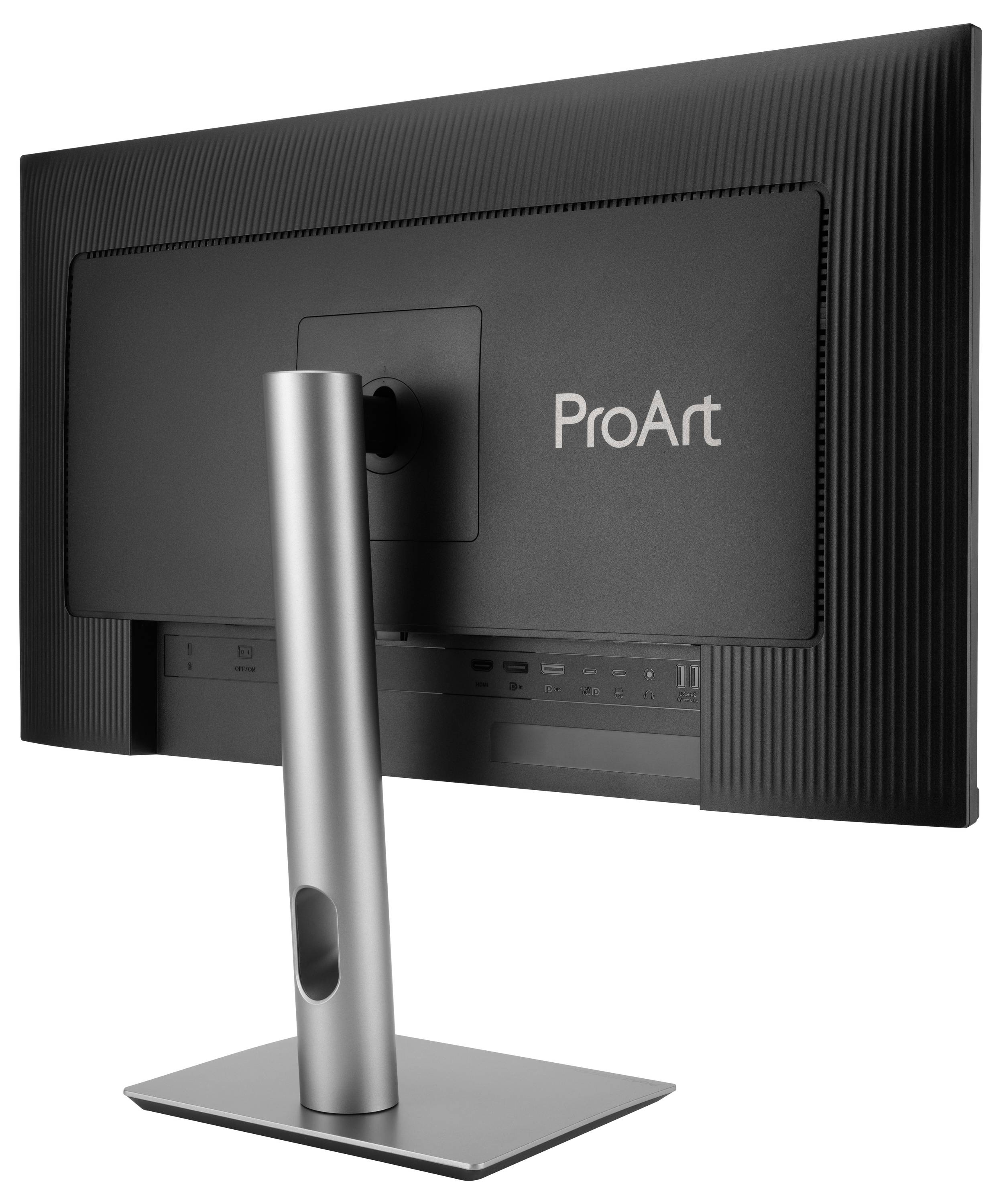 Rückansicht eines schwarzen ASUS ProArt-Monitors auf einem silbernen Ständer, das zeigt das verstellbare Rückenpanel und das minimalistische Design.