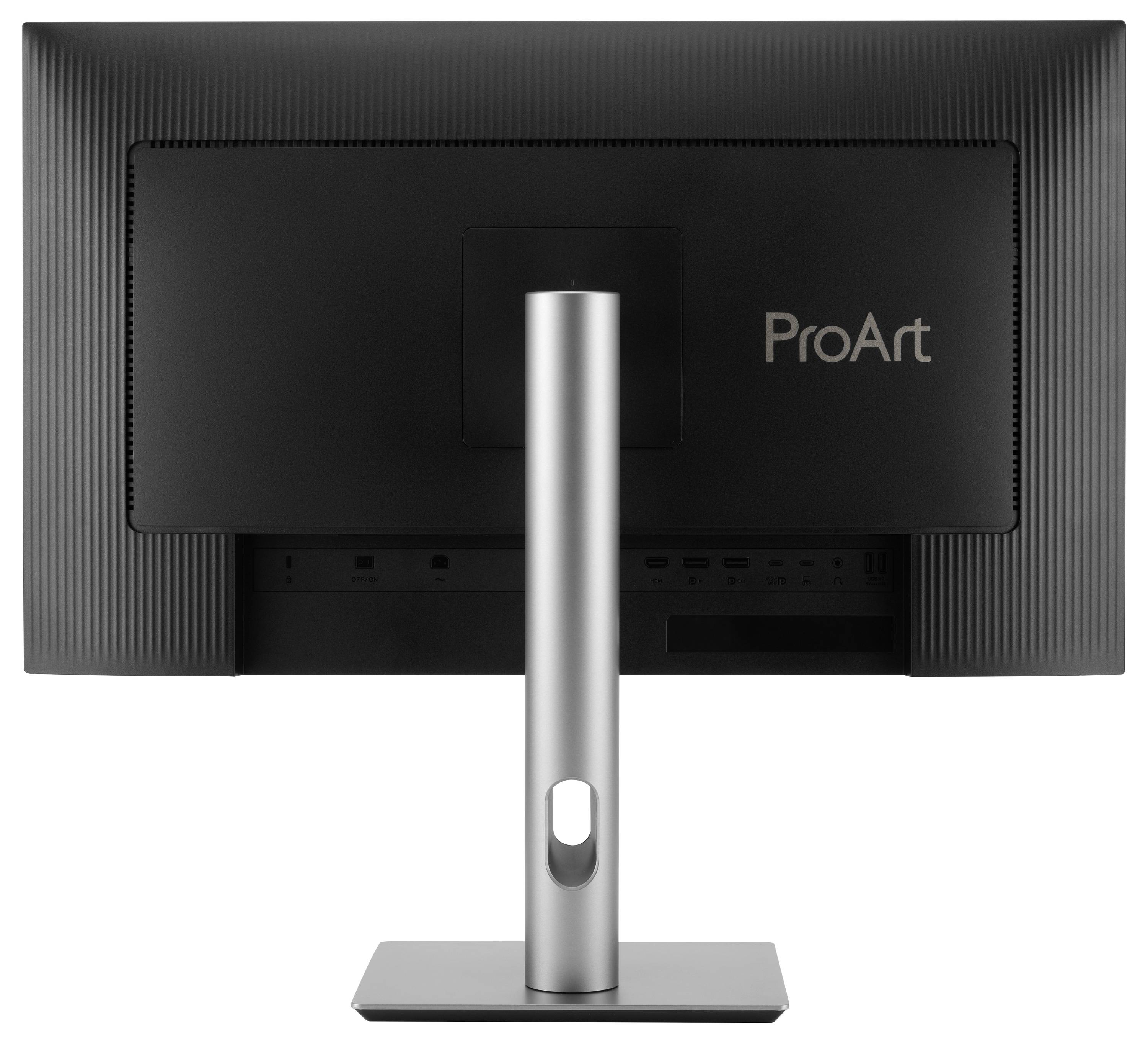 Rückansicht eines schwarzen ASUS ProArt Monitors auf einem silbernen Ständer, der die mittig angebrachte Halterung und die rechteckige Basis zeigt.