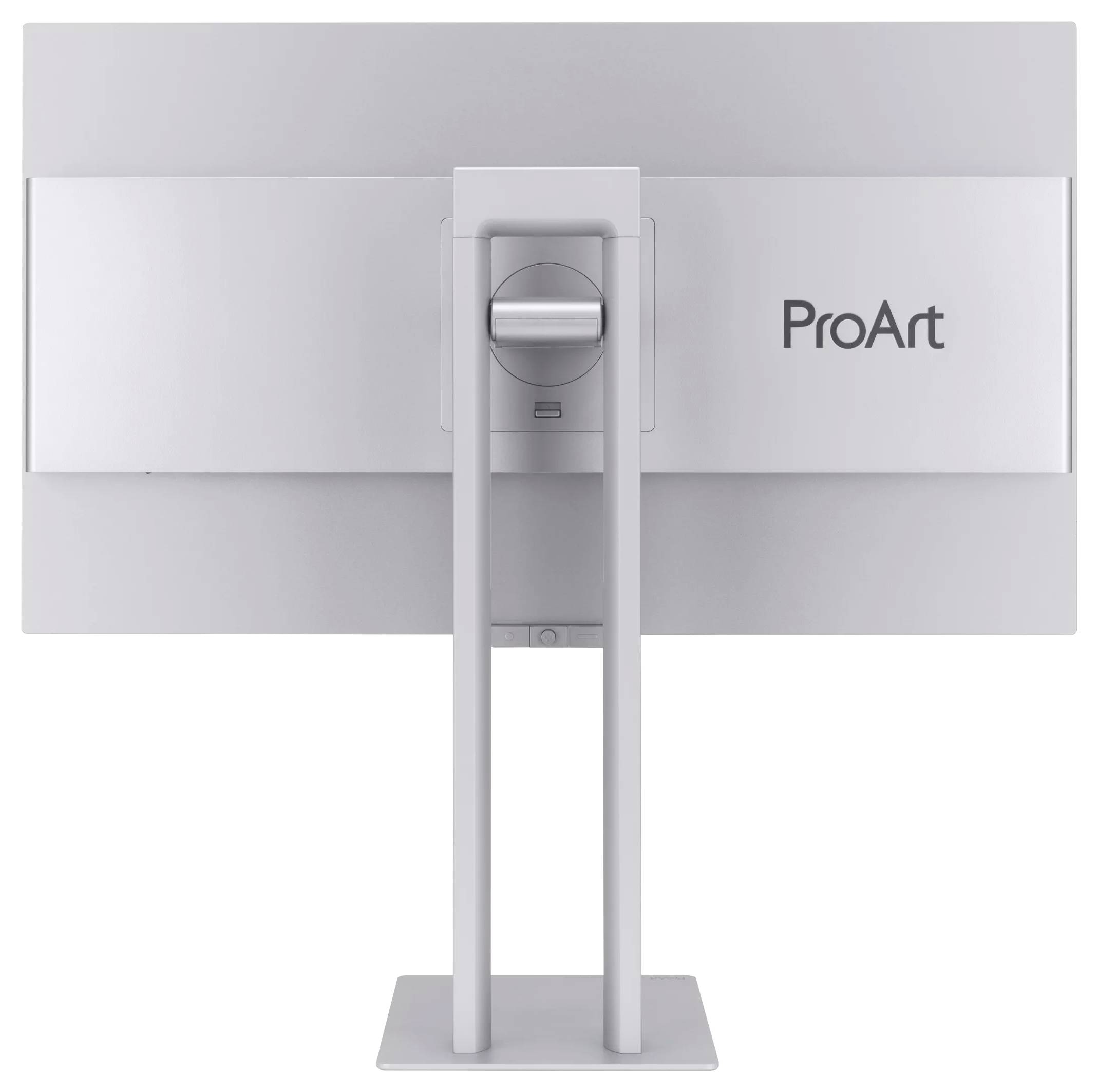 Rückansicht eines ProArt-Computermonitors auf einem silbernen Ständer, der die zentrale Montageklammer und das minimalistische Design zeigt.