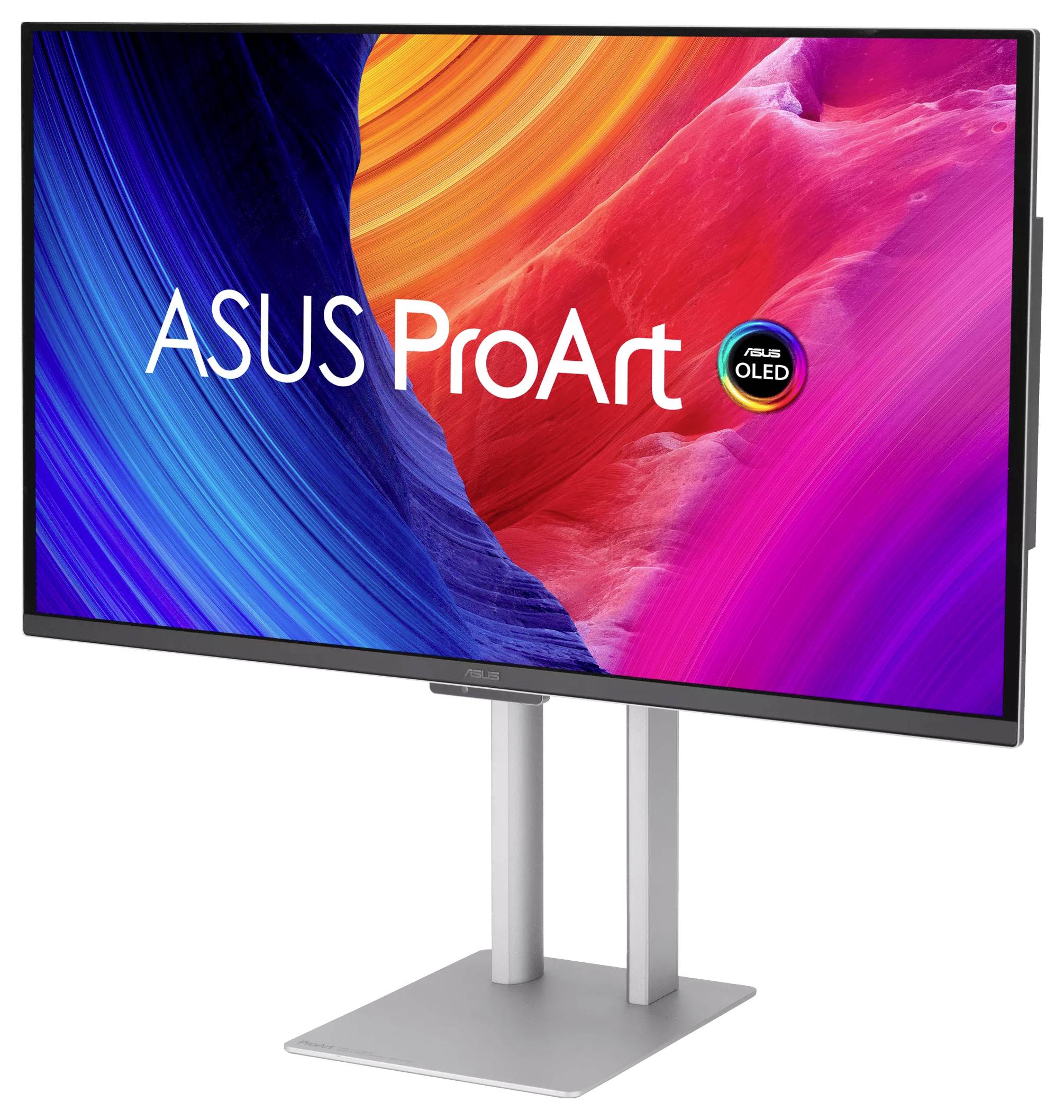 ASUS ProArt OLED-Computermonitor mit farbenfroher abstrakter Anzeige auf einem silbernen Ständer.