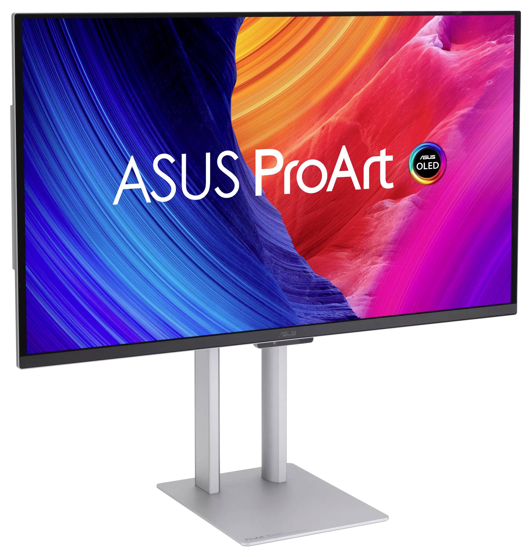 ASUS ProArt OLED-Monitor mit farbenfroher abstrakter Anzeige auf silbernem Ständer und Sockel, in Schrägansicht dargestellt.