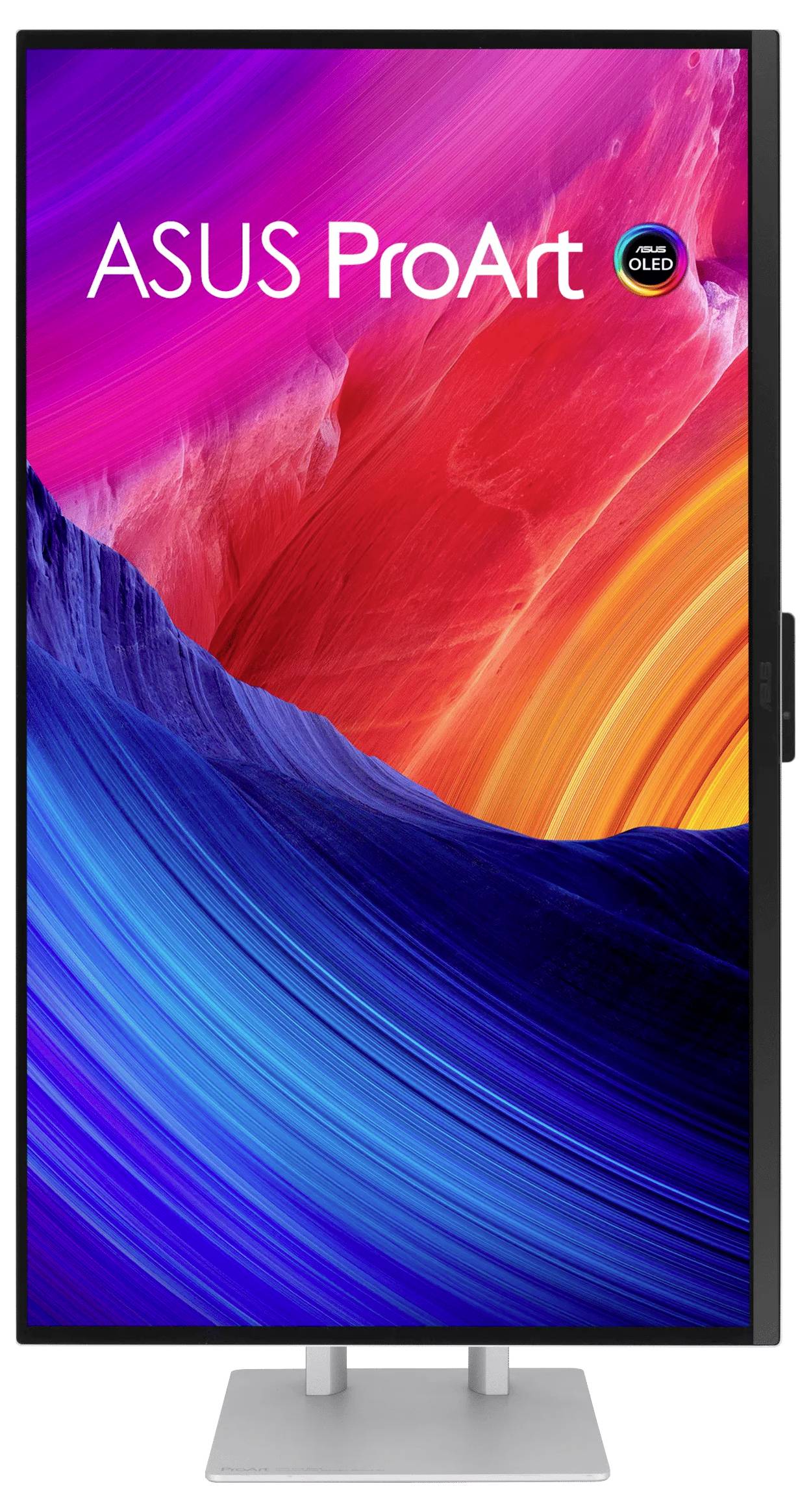ASUS ProArt OLED-Monitor, der auf einem silbernen Ständer ein buntes abstraktes Bild mit roten, rosa, orange und blauen Wellen anzeigt.
