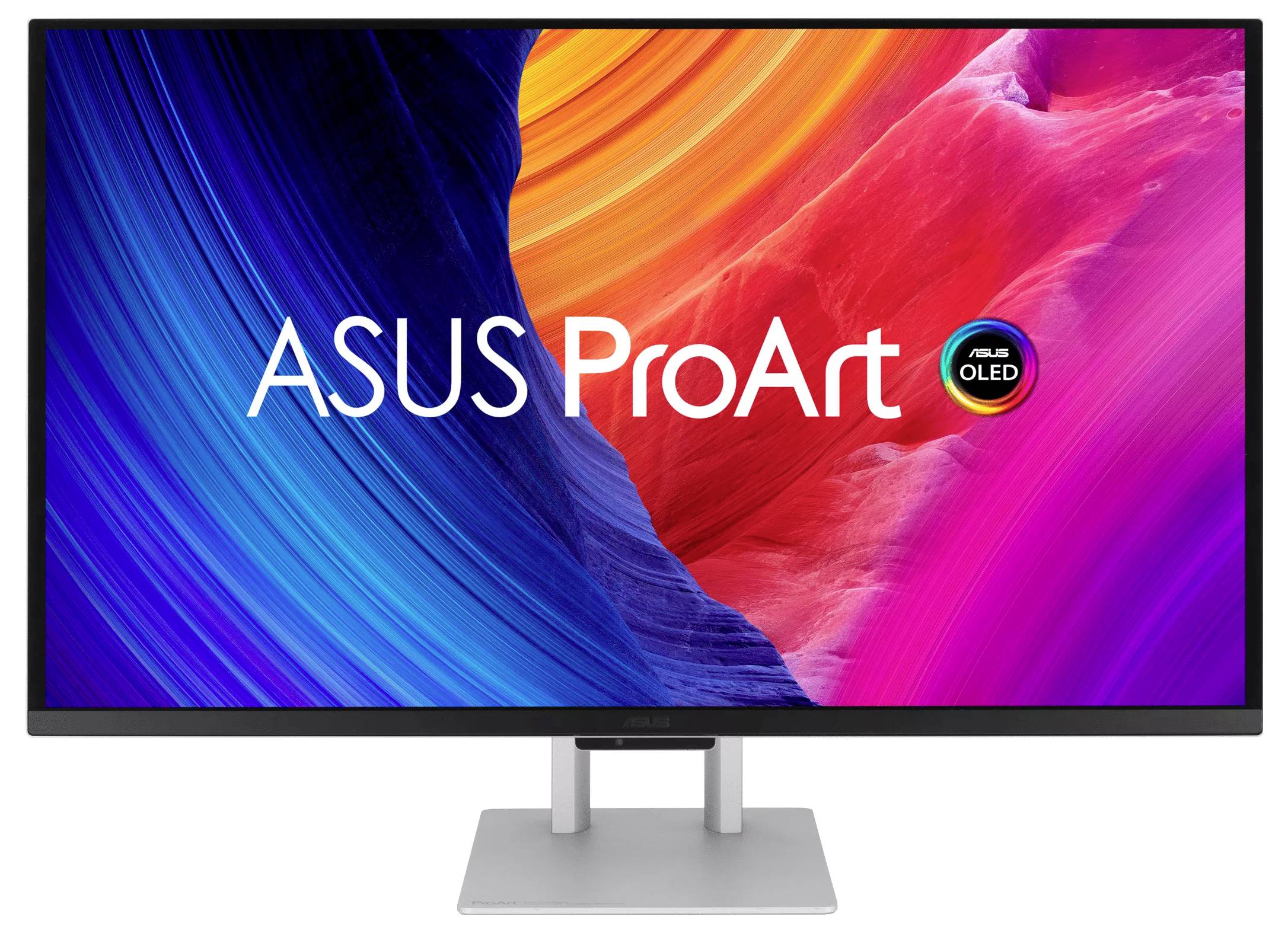 ASUS ProArt Monitor mit farbenfroher abstrakter Anzeige und OLED-Logo, auf einem Ständer vor weißem Hintergrund dargestellt.
