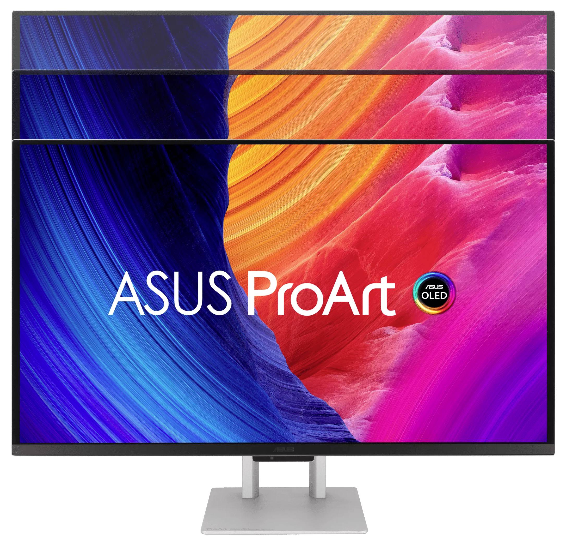ASUS ProArt OLED-Monitor mit einer lebendigen blau, orange und rosa abstrakten Anzeige und dual horizontal gestapelten Panels über einem Ständer.