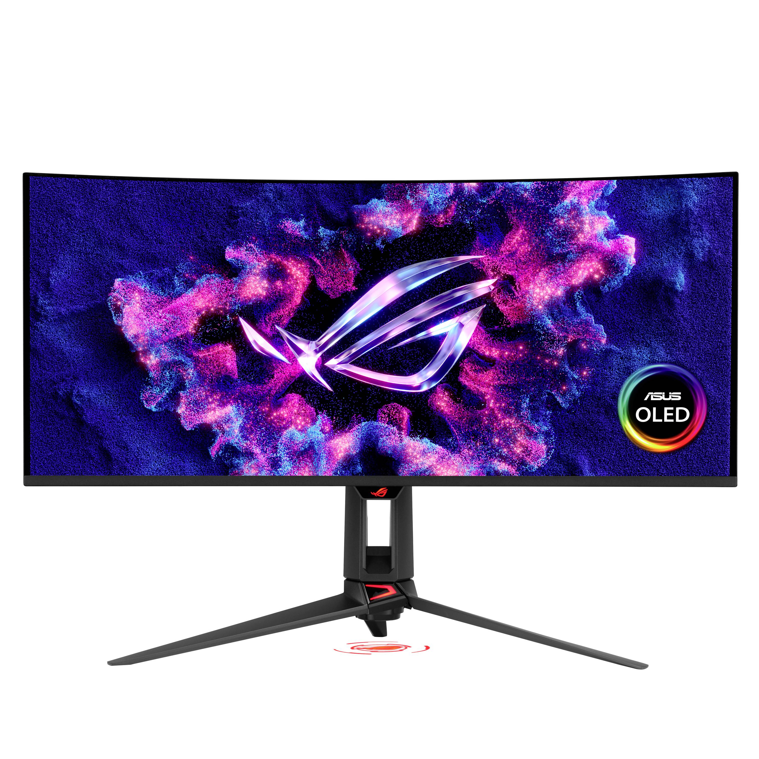 Gekrümmter ASUS OLED-Gaming-Monitor auf einem Ständer, der ein leuchtendes ROG-Logo mit rosa und blauen rauchähnlichen Grafiken auf einem dunklen Bildschirm anzeigt.