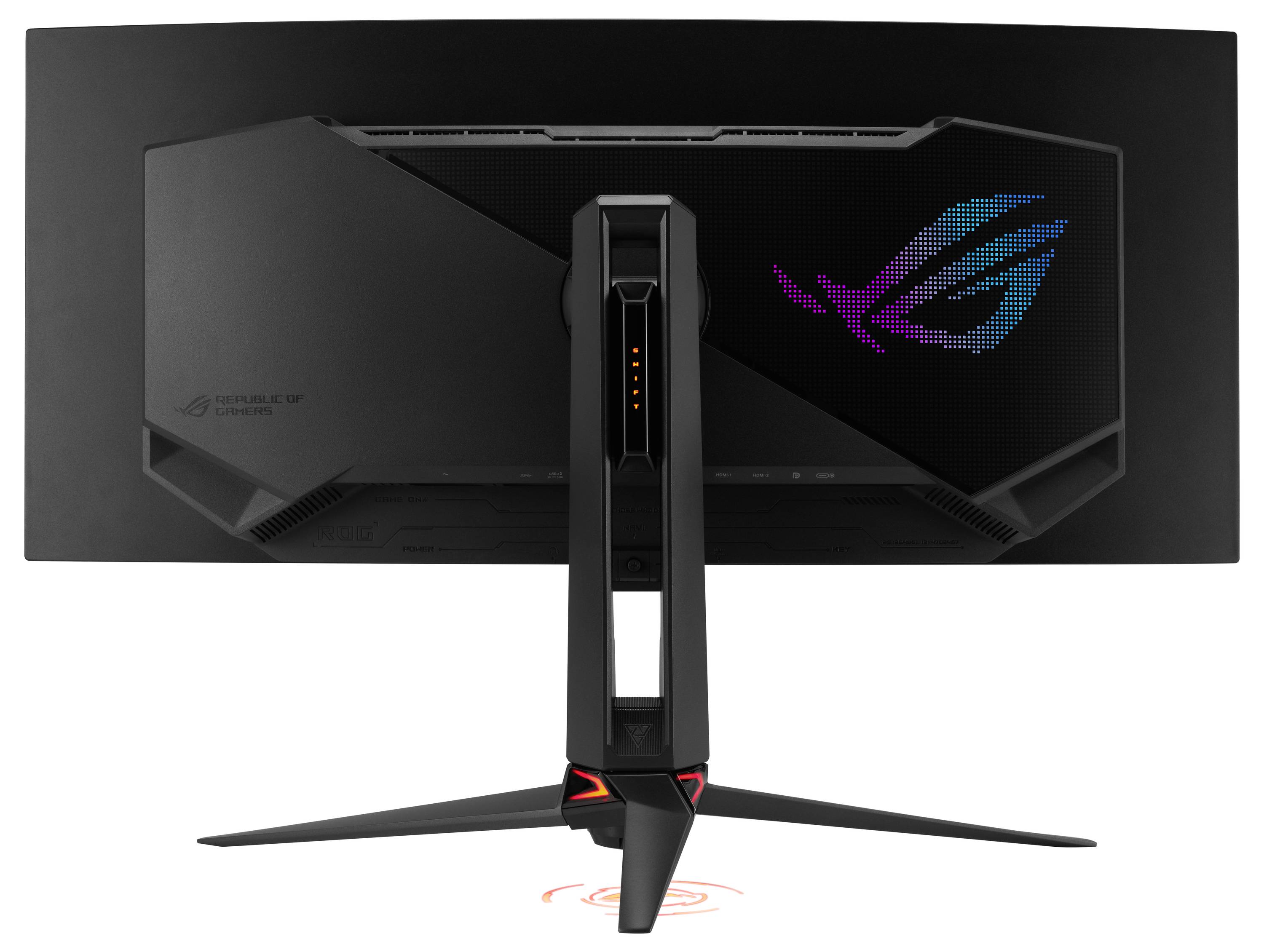 Rückansicht eines ASUS ROG gebogenen Gaming-Monitors auf einem Ständer, das das beleuchtete ROG-Logo und einen zentralen Ständer mit Kabelführung zeigt.