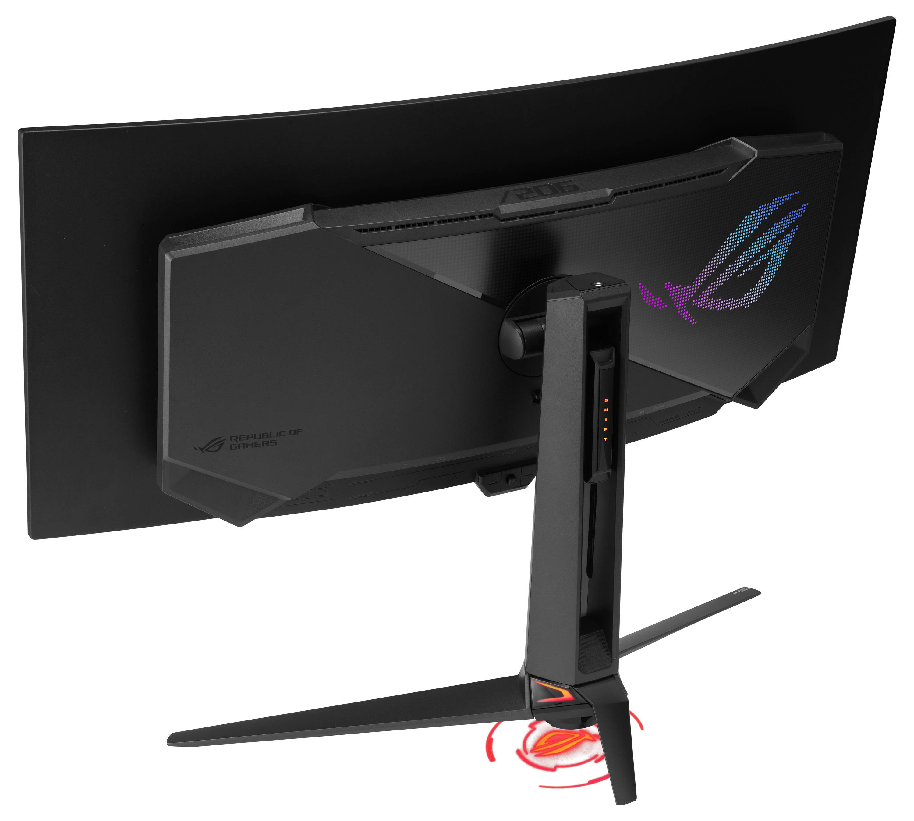 Rückansicht eines gebogenen ASUS ROG Gaming-Monitors auf einem Ständer, die das illuminierte ROG-Logo und das Kabelmanagement-Design zeigt.