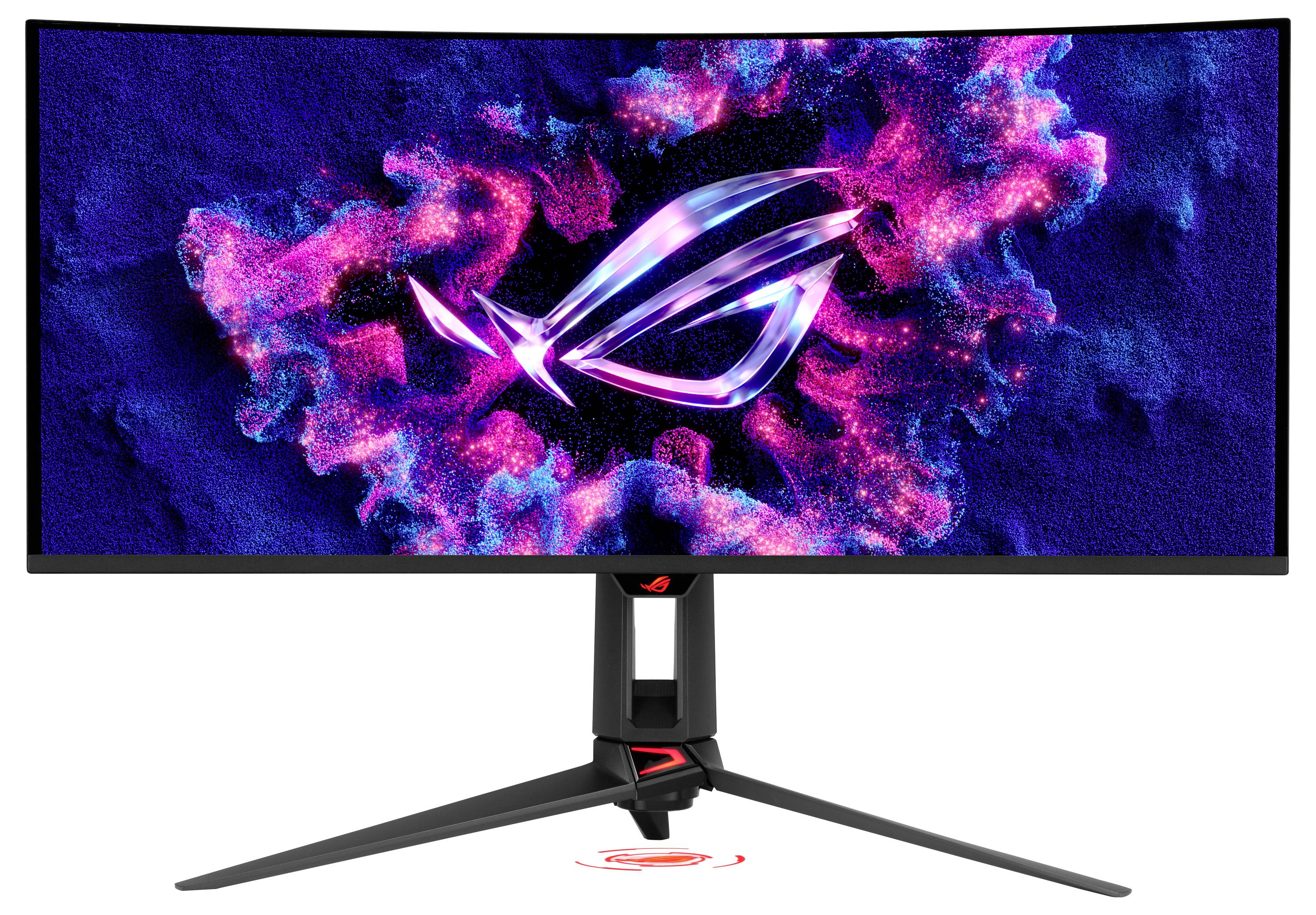 Gekrümmter Gaming-Monitor auf Ständer mit lebendigem rosa und blauem ASUS ROG-Logo-Hintergrundbild auf dem Bildschirm.