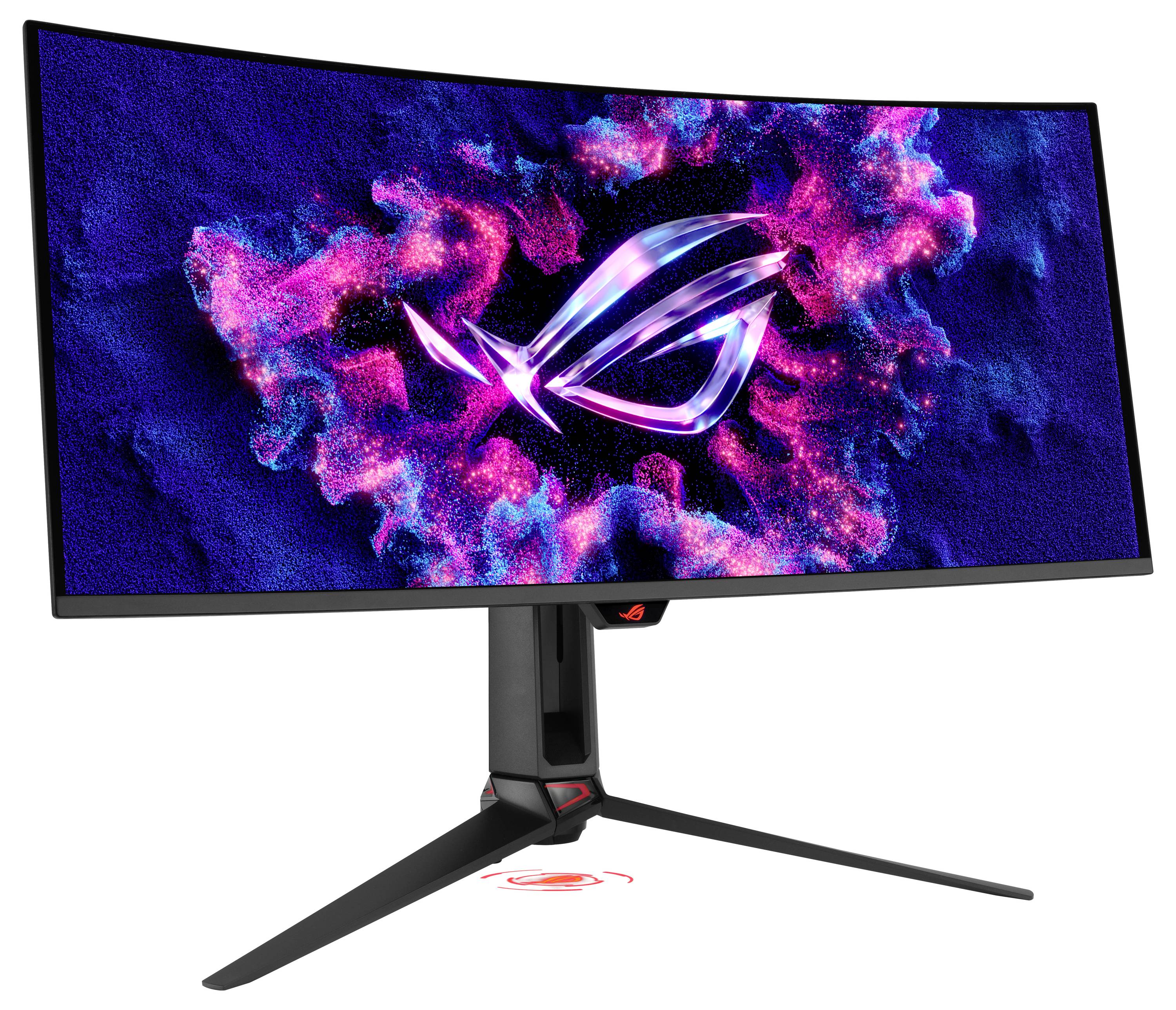 Gebogener Gaming-Monitor auf einem Ständer, der das ROG-Logo über einem rosa- und blaukosmischen Hintergrund anzeigt.