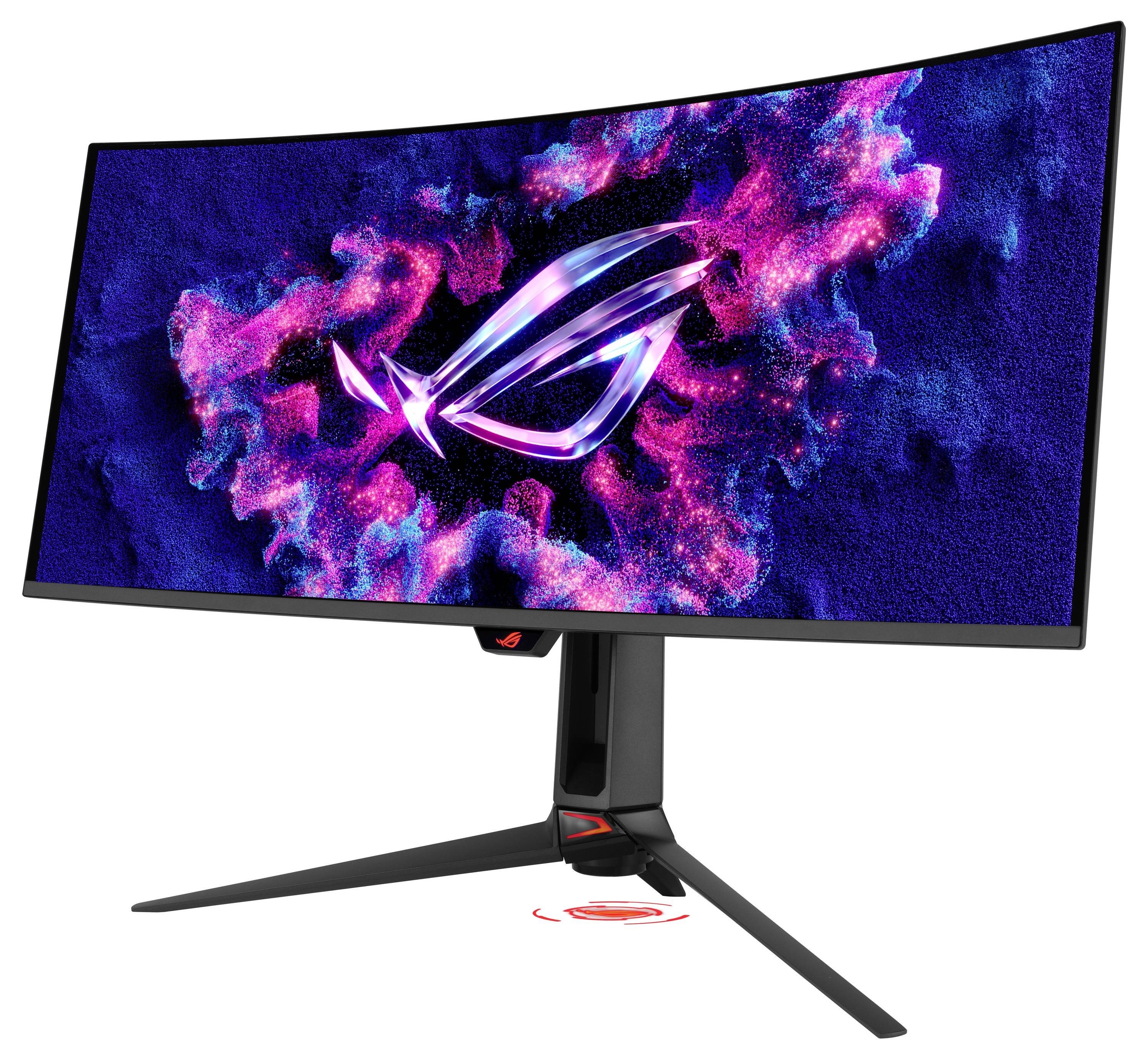 Gekrümmter Gaming-Monitor mit dem ROG-Logo auf einem lebendigen rosa und blauen abstrakten Hintergrund, auf einem Ständer mit drei abgewinkelten Beinen angezeigt.