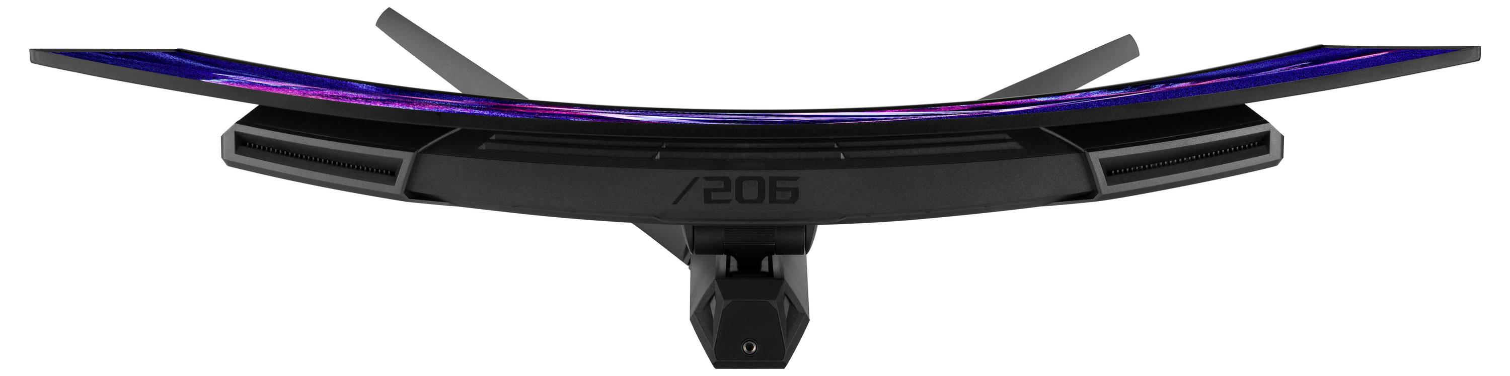 Schlanker schwarz-blauer gebogener Gaming-Monitor-Ständer oder Basis mit zentraler Halterung und kantigen Beinen auf weißem Hintergrund.