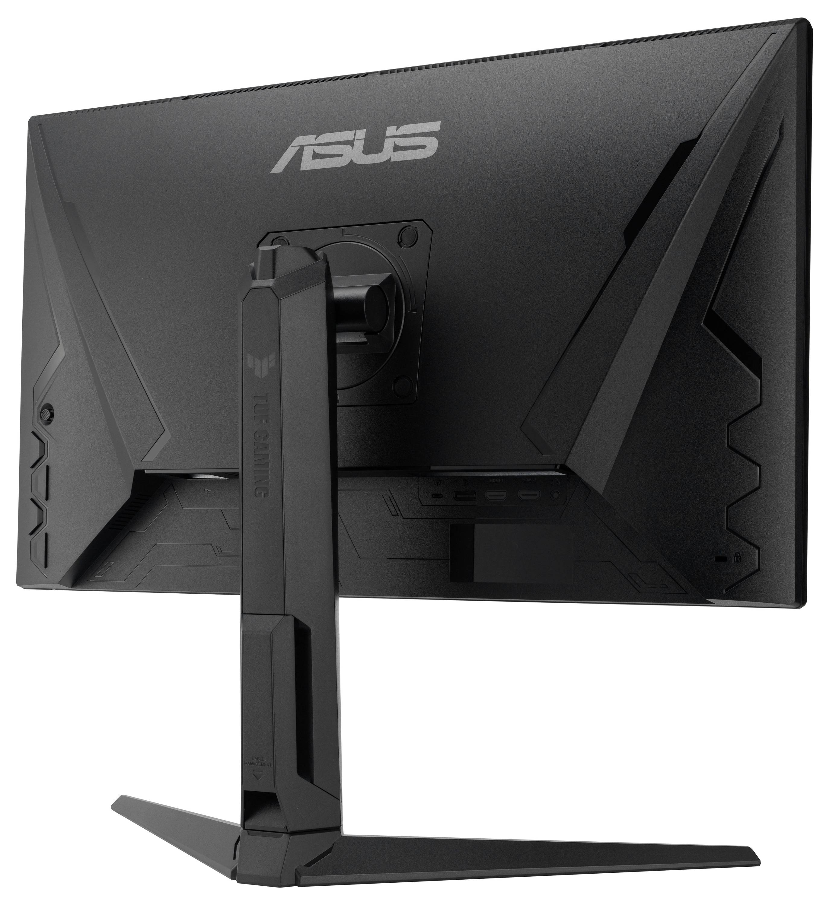 Rückansicht eines ASUS-Gaming-Monitors auf einem Ständer, die das belüftete eckige Hinterdesign und die zentrale Montageklammer zeigt.