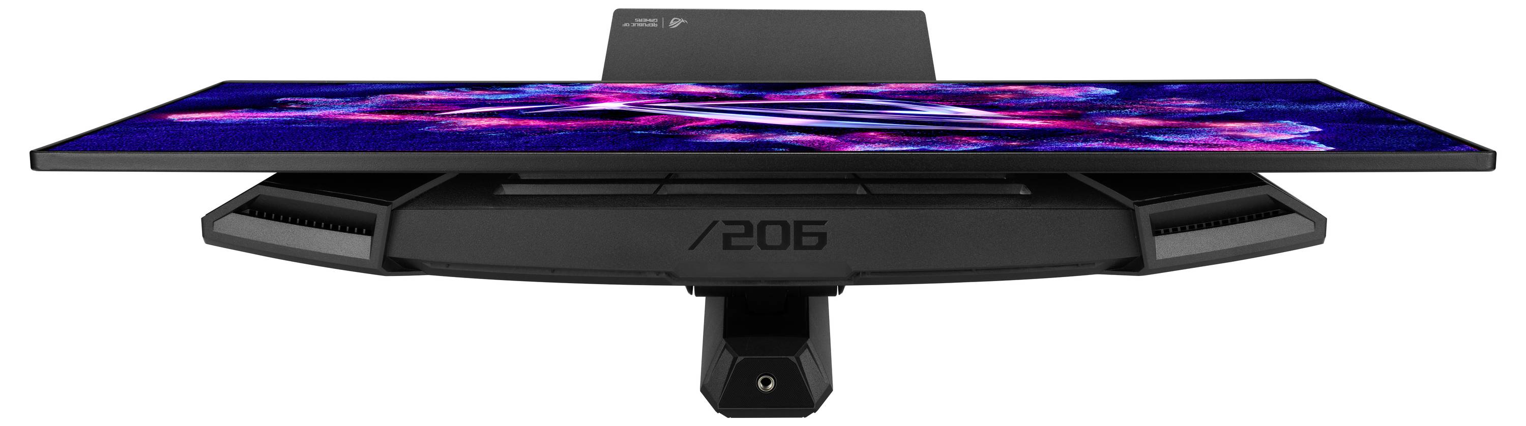 Seitenansicht eines gekrümmten Ultrawide-Monitors auf einem Ständer, der ein farbenfrohe abstrakte Anzeige und die Nummer „206
