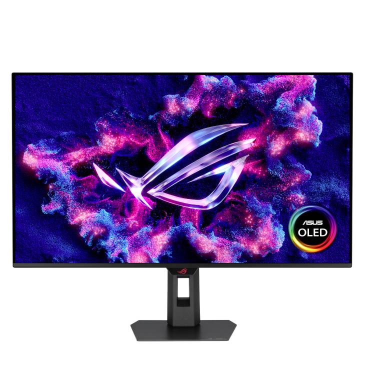 ASUS ROG OLED Gaming-Monitor auf einem Ständer, der ein farbenfohes neon-abstraktes Display mit dem ROG-Logo und dem „ASUS OLED