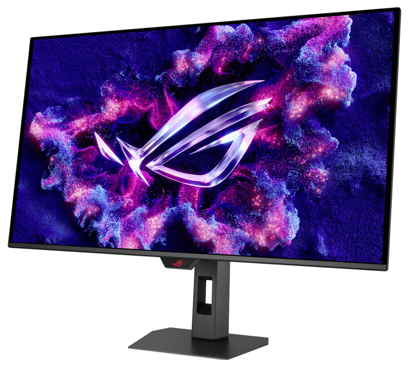 Ein Gaming-Monitor, der das ROG-Logo auf einem blauen, rosa und violetten abstrakten kosmischen Hintergrund anzeigt