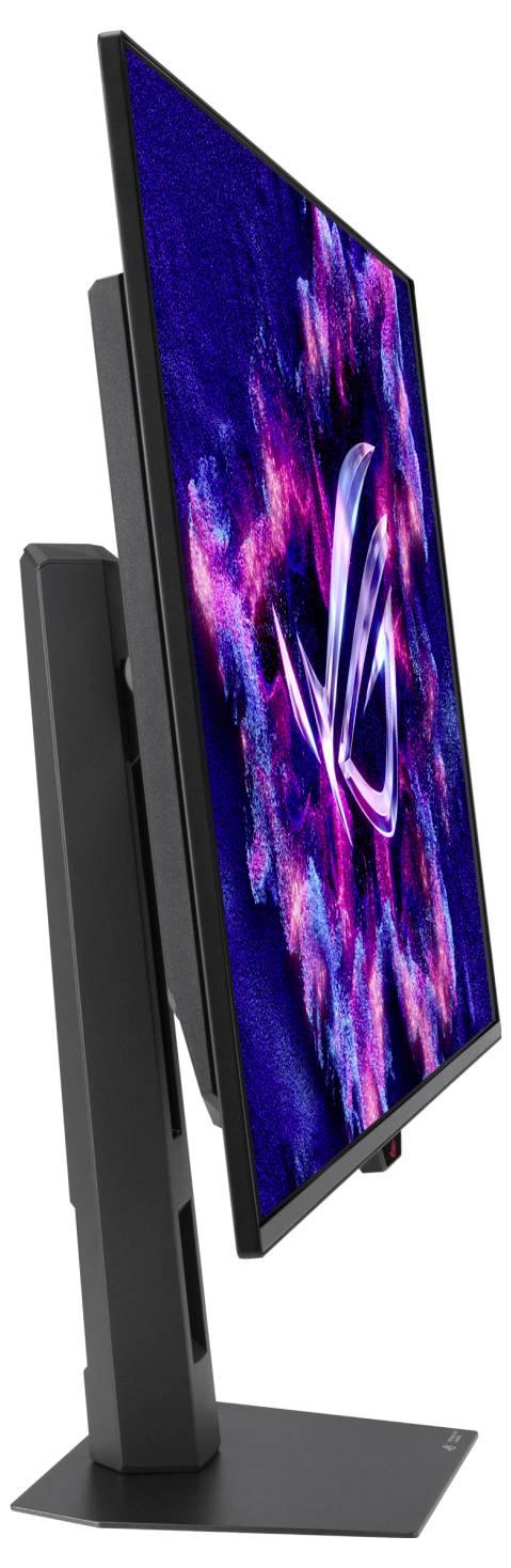 Seitenansicht eines schlanken ASUS-Monitors auf einem Ständer, der den Bildschirm in einem Winkel zeigt, auf dem eine abstrakte blau-rosa Anzeige zu sehen ist.