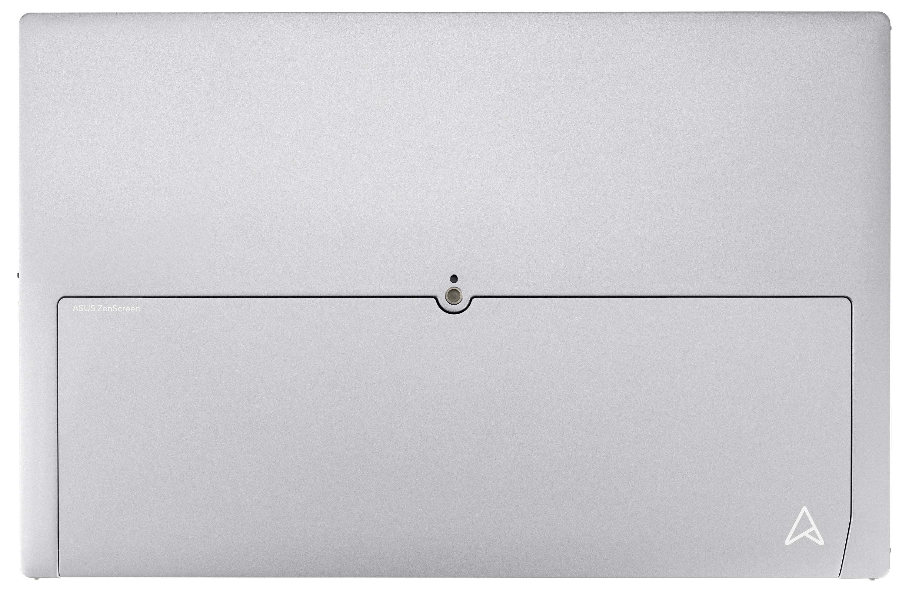Geschlossener silberner Laptop oder Tablet mit großem rechteckigem Rückenpanel und kleinem Logo in der unteren rechten Ecke.