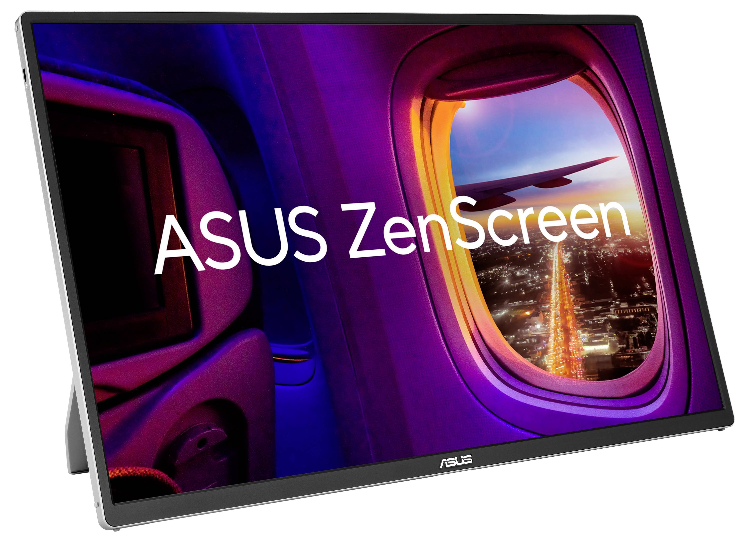 ASUS ZenScreen tragbarer Monitor in schräger Ansicht, der eine Flugzeugfenster-Reiseszene mit dem Text 