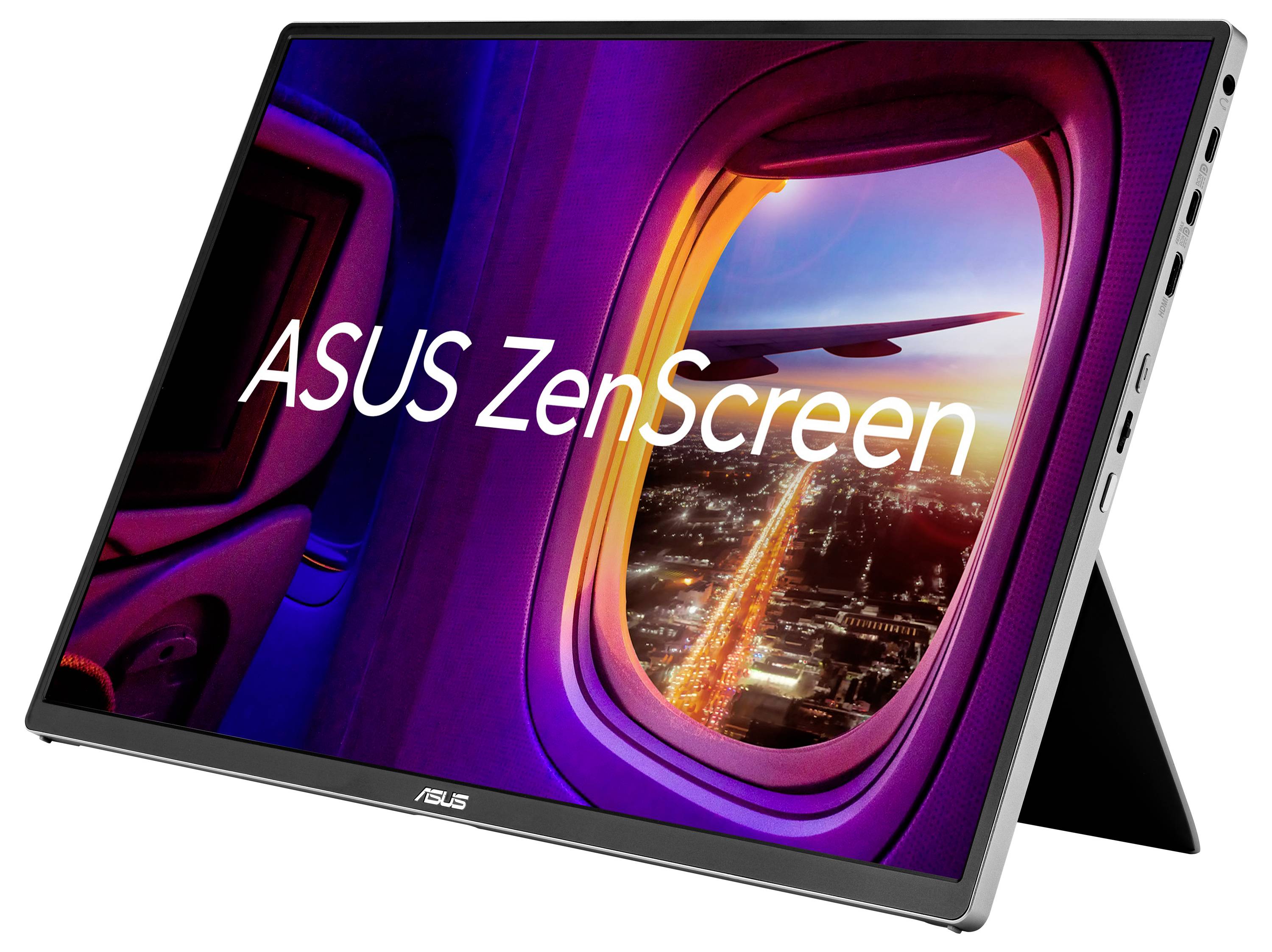 ASUS ZenScreen tragbarer Monitor in Querformat mit lebendiger Flugzeugfenster-Stadtlandschaft auf dem Display und integriertem Ständer.