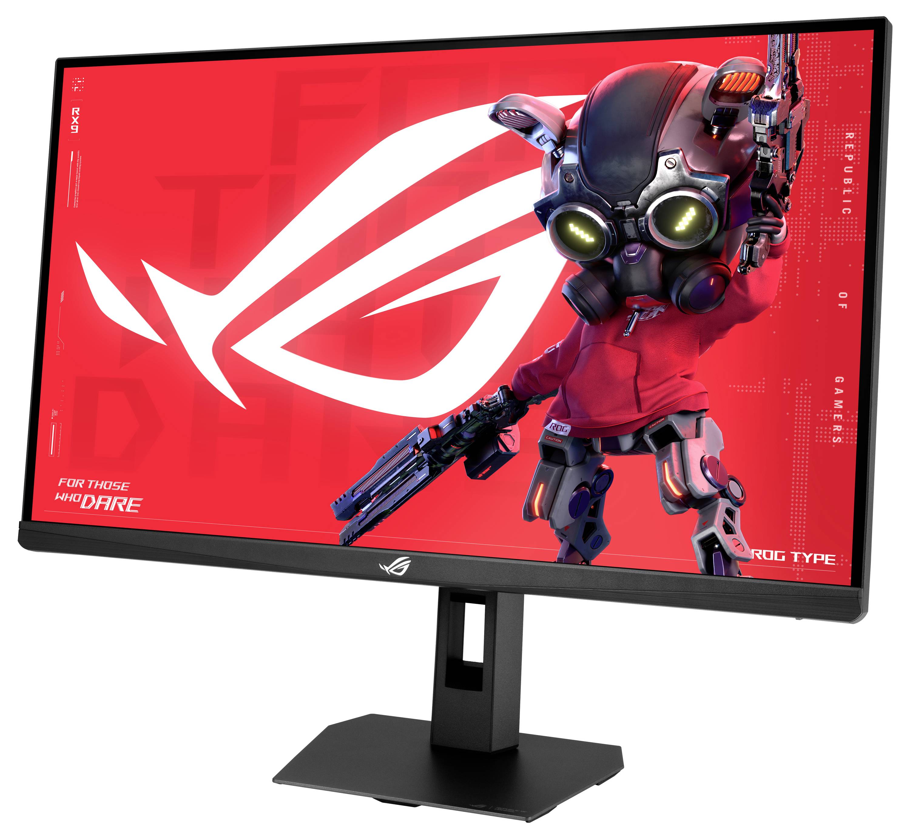Ein Gaming-Monitor zeigt ein rotes ASUS ROG-Grafik mit einer maskierten Figur und großem ROG-Logo auf dem Bildschirm.