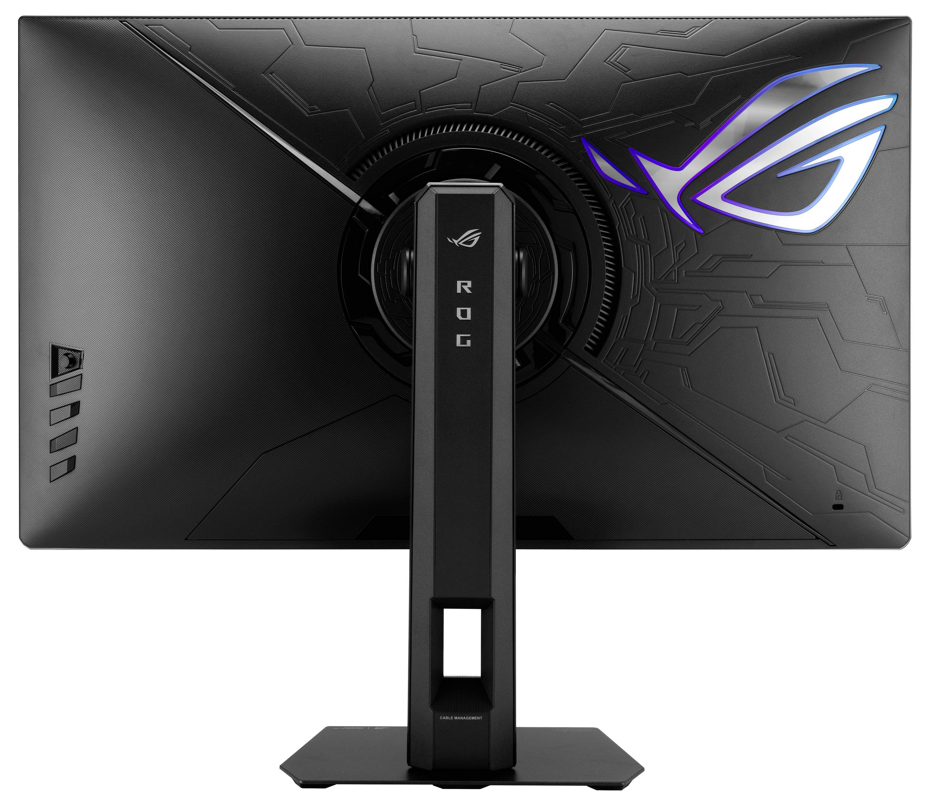 Rückansicht eines schwarzen ROG-Gaming-Monitors auf einem Ständer, mit leuchtendem ROG-Logo und kantigem strukturiertem Panel-Design.