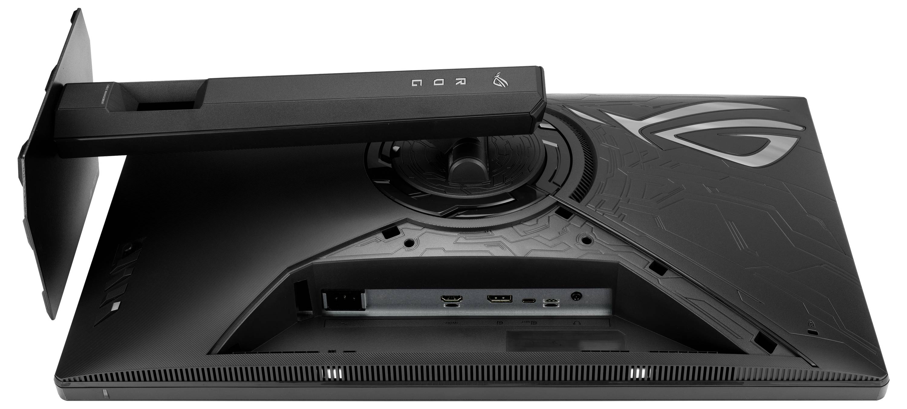 Rückansicht eines ASUS ROG Gaming-Monitors auf einem Ständer, der einen zentralen Kabelmanagement-Hub und rückseitige I/O-Anschlüsse mit dem ROG-Logo auf der Rückseite zeigt.