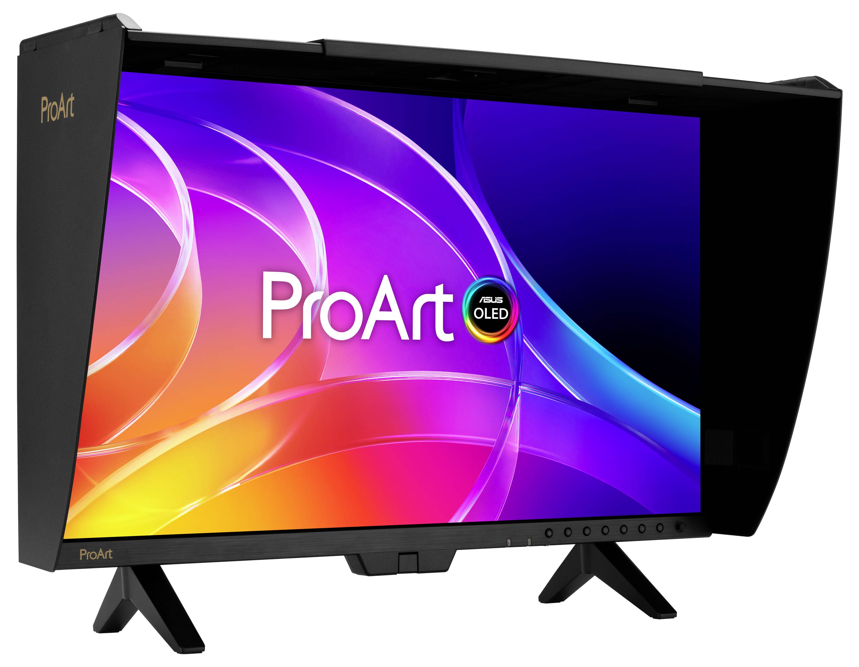 Schwarzer ASUS ProArt OLED-Monitor in schräger Winkel auf einem Ständer, zeigt ein lebendiges mehrfarbiges abstraktes Display mit 