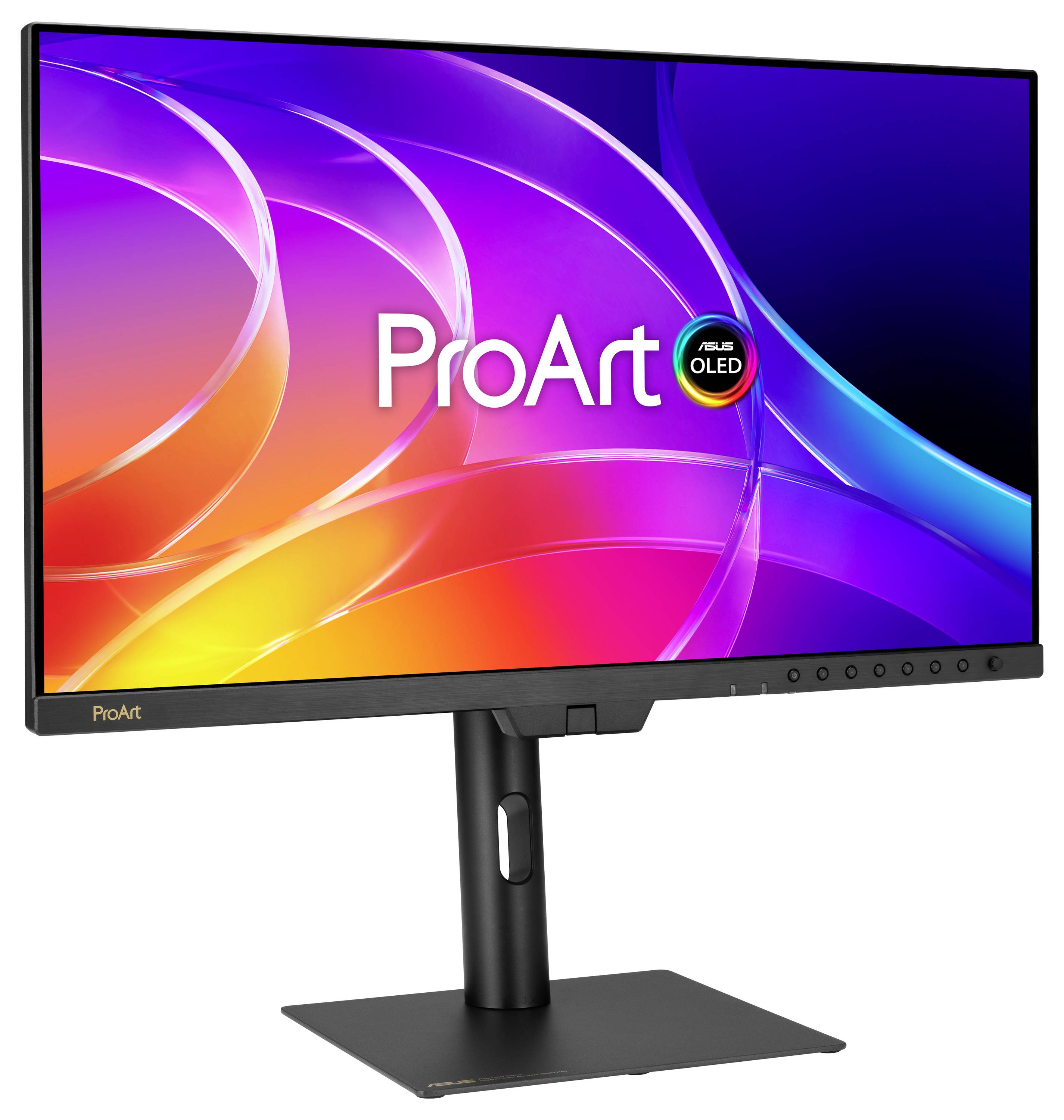 ASUS ProArt OLED-Monitor auf einem Ständer, der einen farbenfrohen abstrakten Bildschirm mit dem „ProArt
