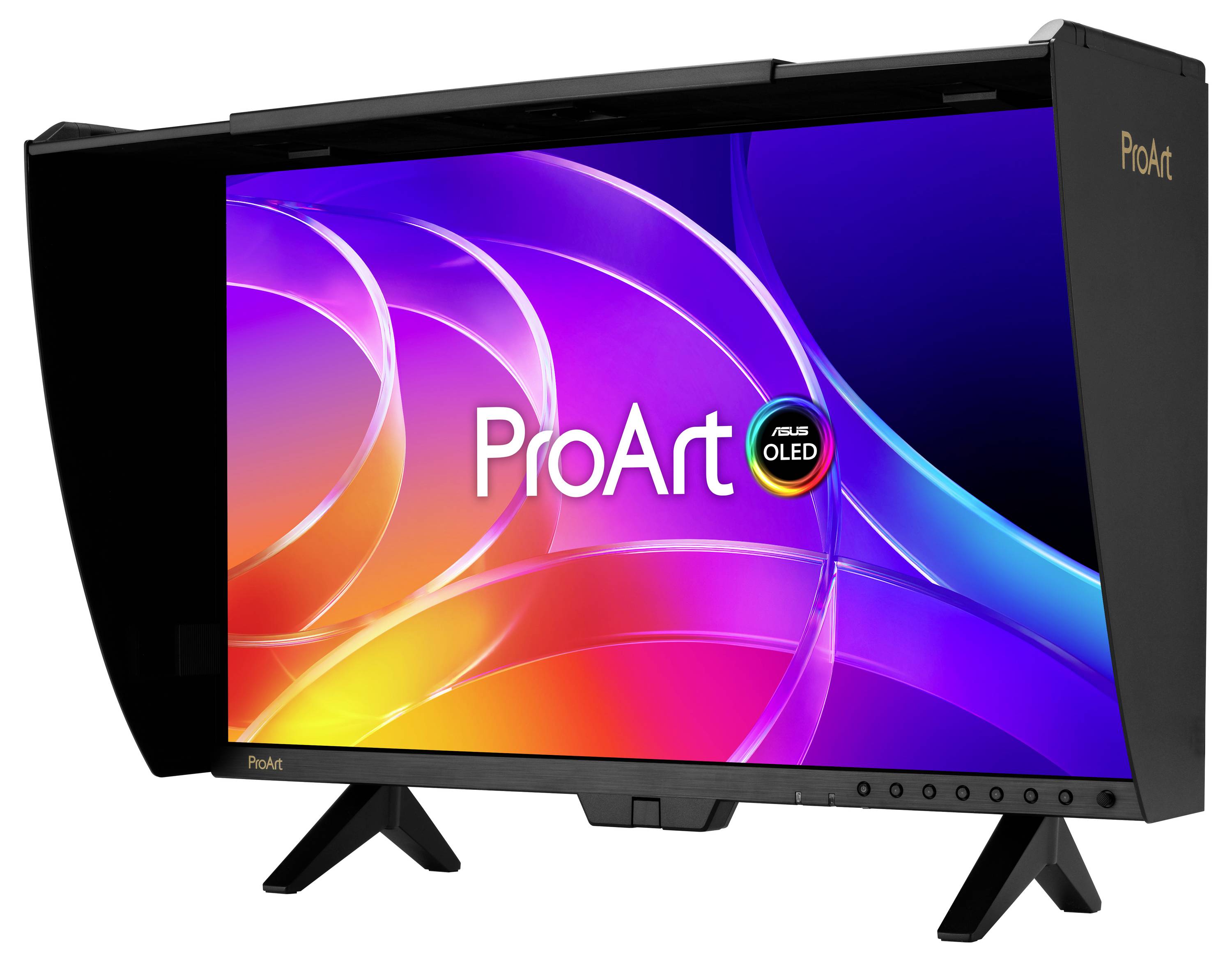 ASUS ProArt OLED-Monitor auf einem Ständer gezeigt, mit einem farbenfrohen abstrakten Display und ProArt-Branding auf der Blende und dem Seitenpanel.