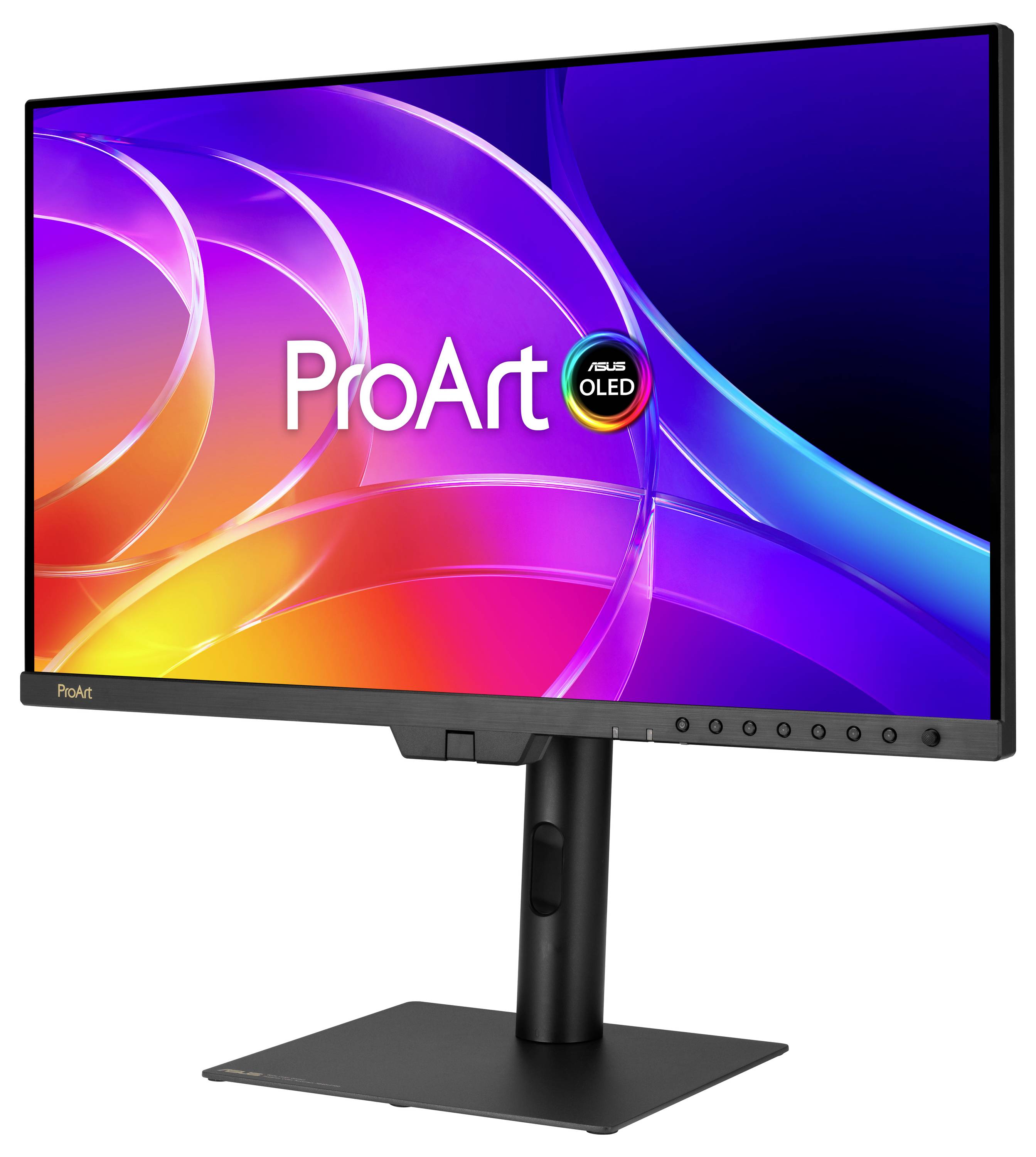 ASUS ProArt OLED-Computermonitor auf einem Ständer, der einen bunten abstrakten Bildschirm mit „ProArt