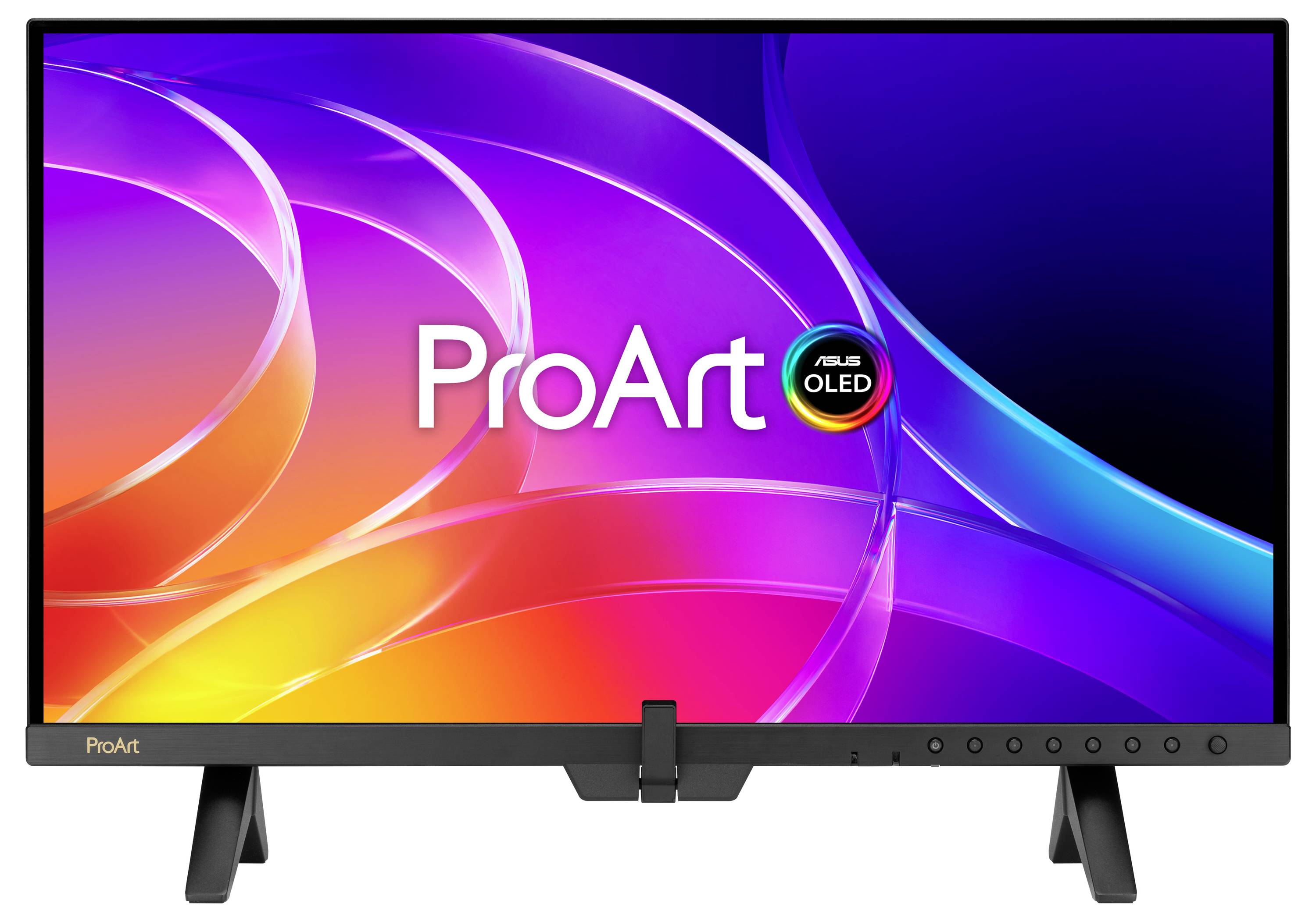 ASUS ProArt OLED-Monitor mit farbenfroher abstrakter Anzeige, zentriertes Logo auf dem Bildschirm und dunkler Rahmen mit Ständer.