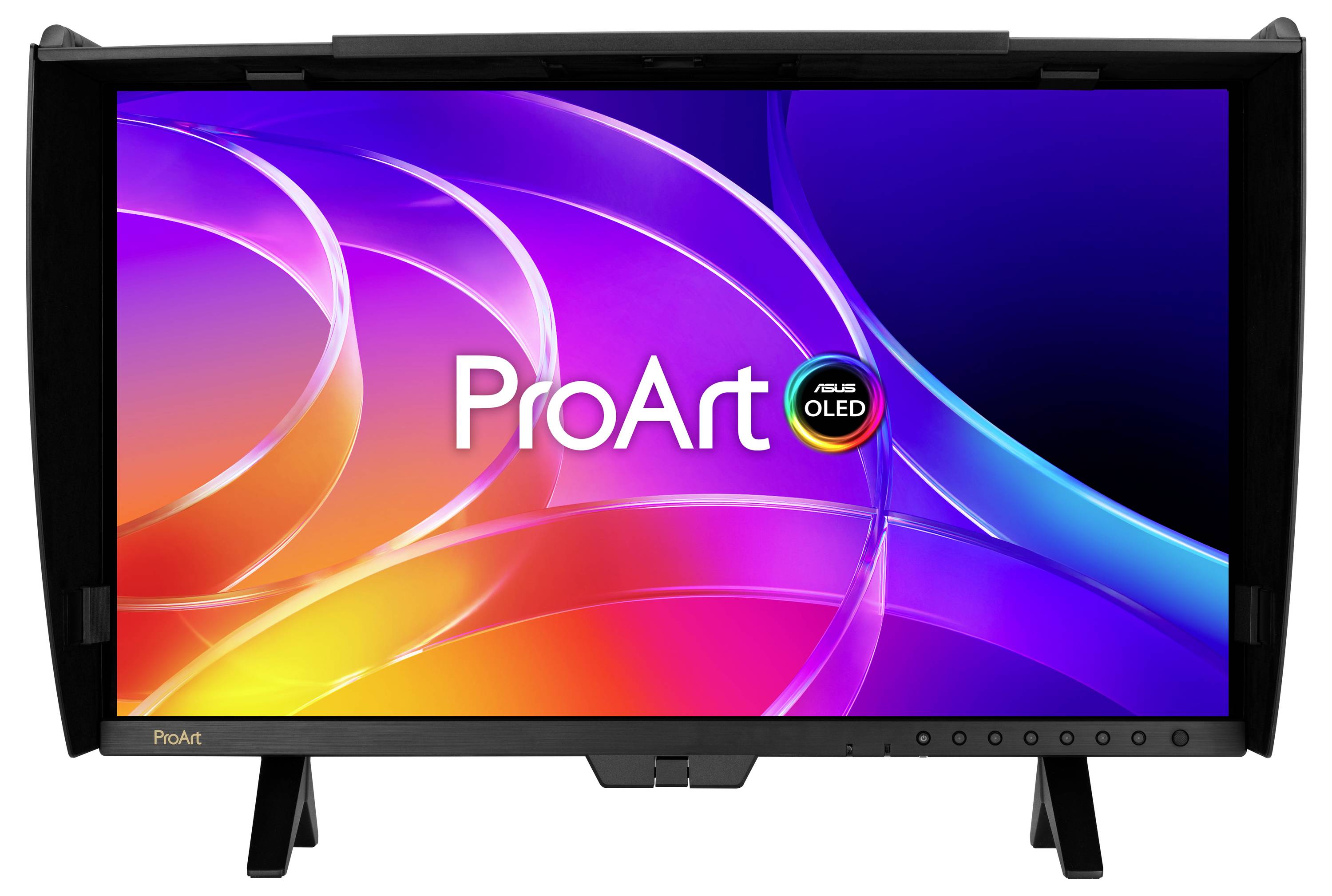 Frontansicht eines ASUS ProArt OLED-Monitors mit einem farbenfrohen abstrakten Farbverlauf auf dem Display und 