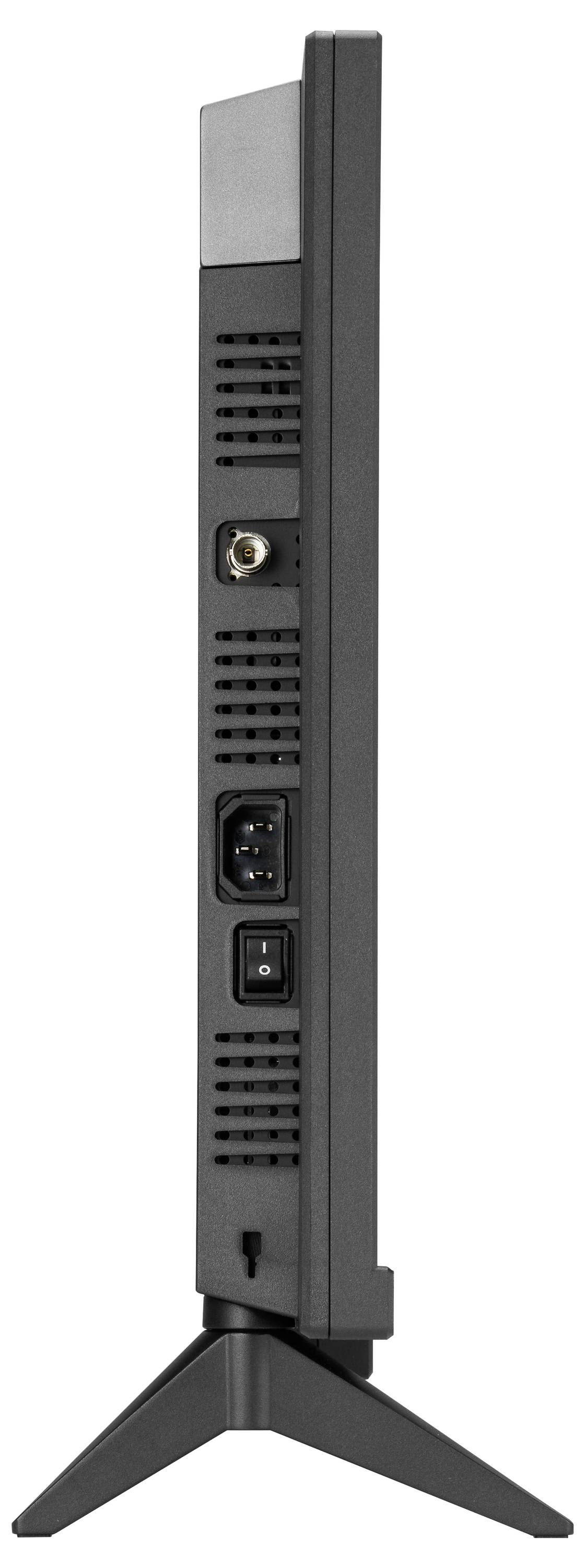 Schlankes schwarzes elektronisches Gerät in Seitenansicht auf einem dreibeinigen Ständer, mit Belüftungsschlitzen, einem Stromversorgung-/Eingangsanschluss und einem Ein-/Ausschalter.