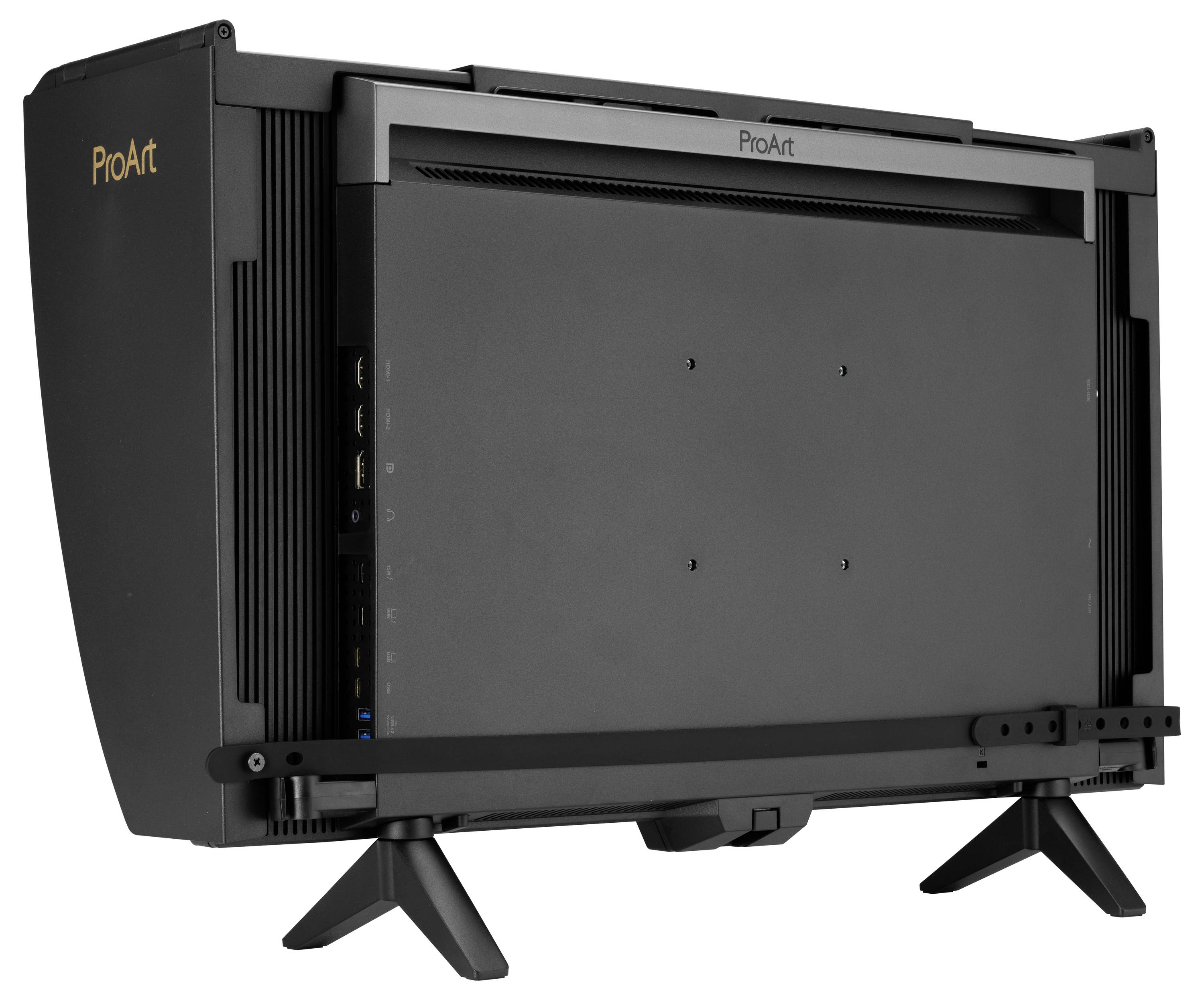 Rückansicht eines ProArt-Monitors auf Ständer, die Rückseite, die Anschlüsse und den Montagebereich auf weißem Hintergrund zeigend.