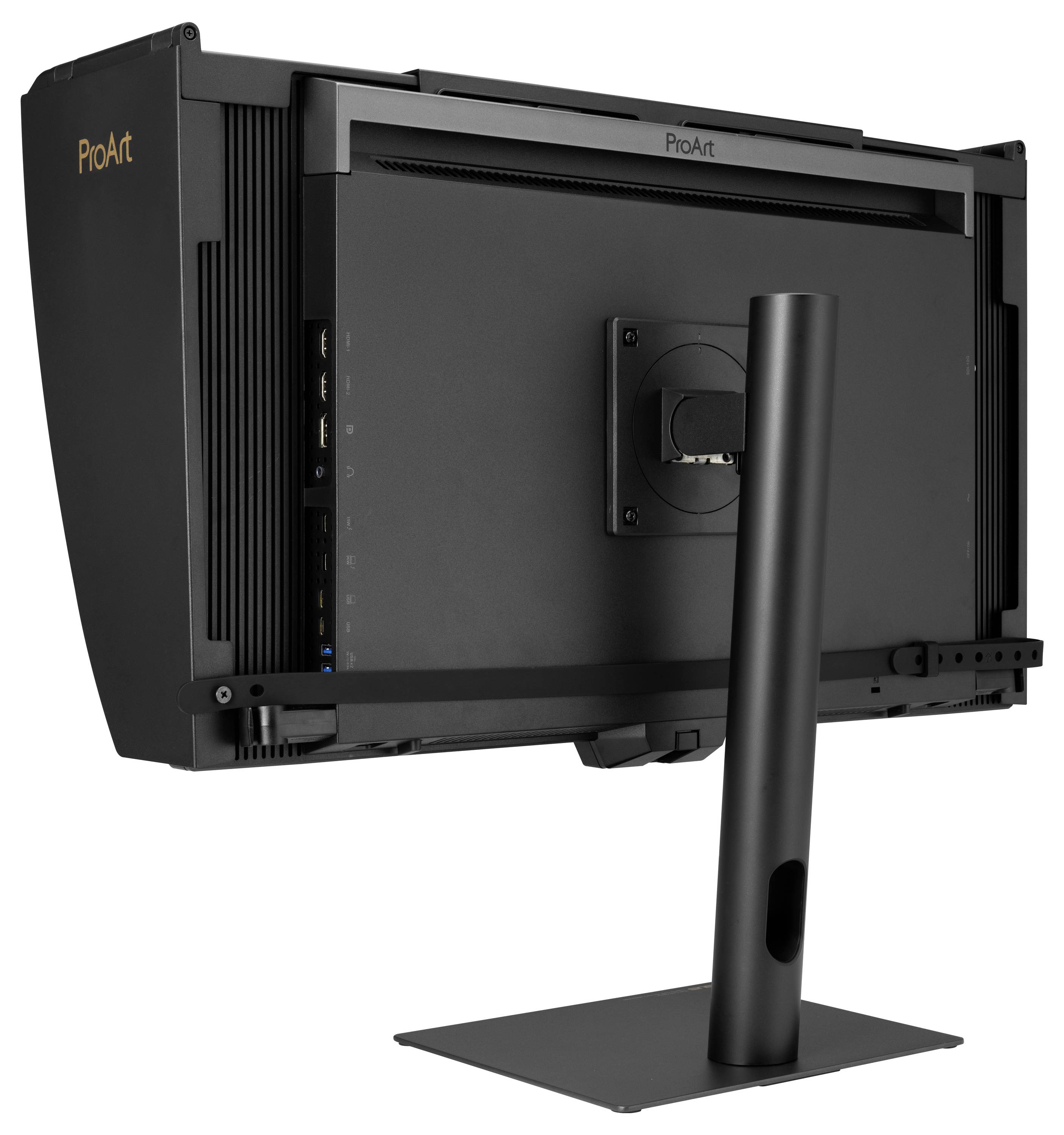 Rückansicht eines ProArt-Monitors auf einem Ständer, zeigt das hintere Bedienfeld, die Montageklammer und das Kabelmanagement-Design.