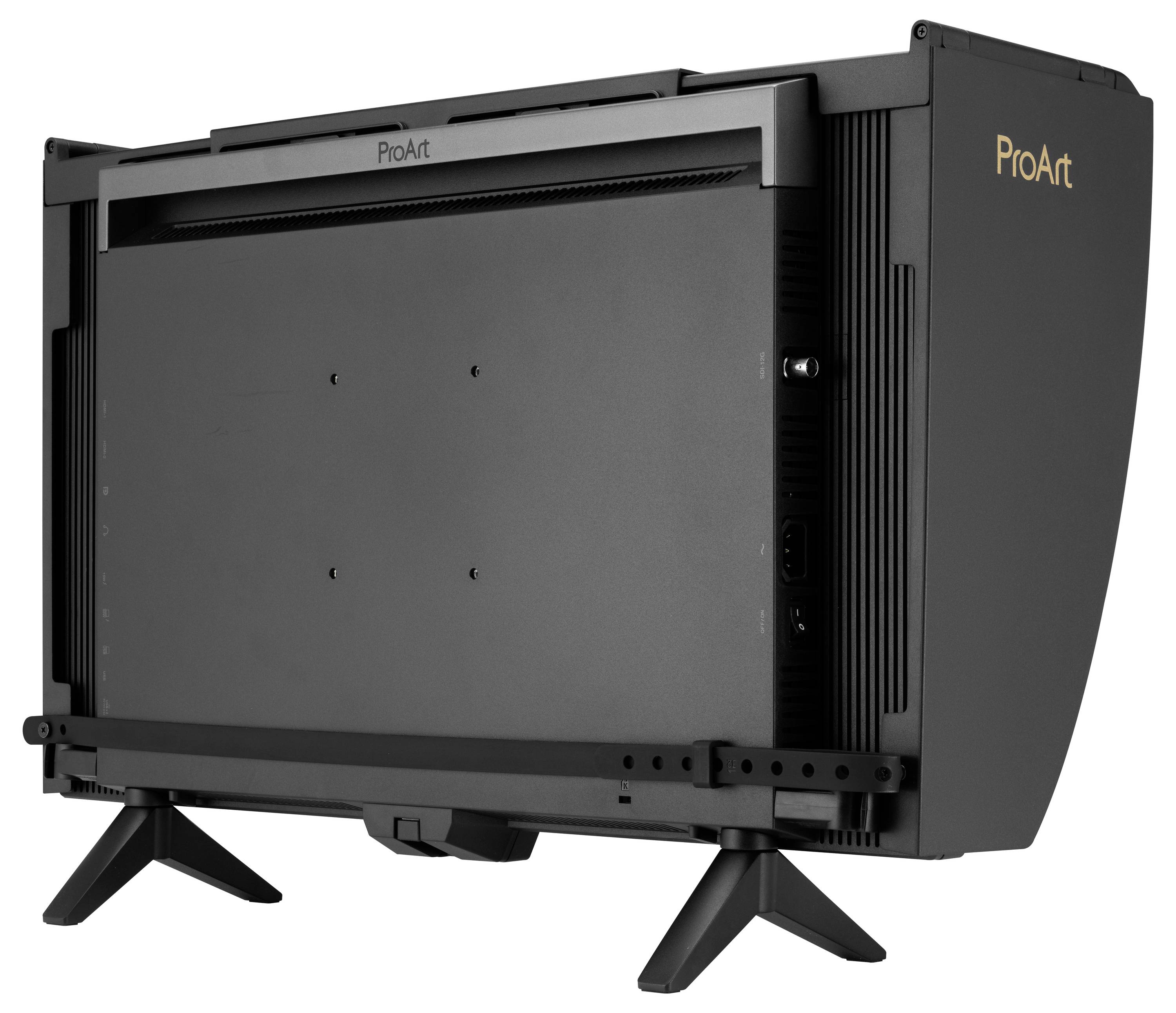 Rückansicht eines schwarzen ASUS ProArt-Monitors auf zwei Ständerbeinen, die die Rückseite und die Anschlüsse zeigt.