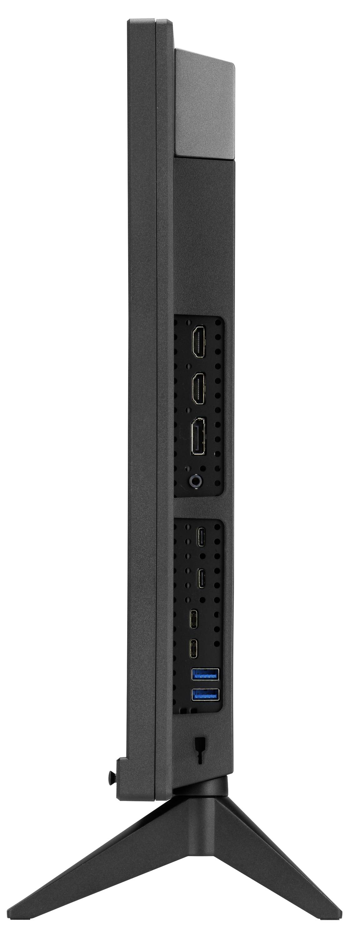 Seitenansicht eines schwarzen Computer-Mini-Towers auf einem Ständer, der Frontanschlüsse zeigt, einschließlich mehrerer USB-Anschlüsse und Audiobuchsen.