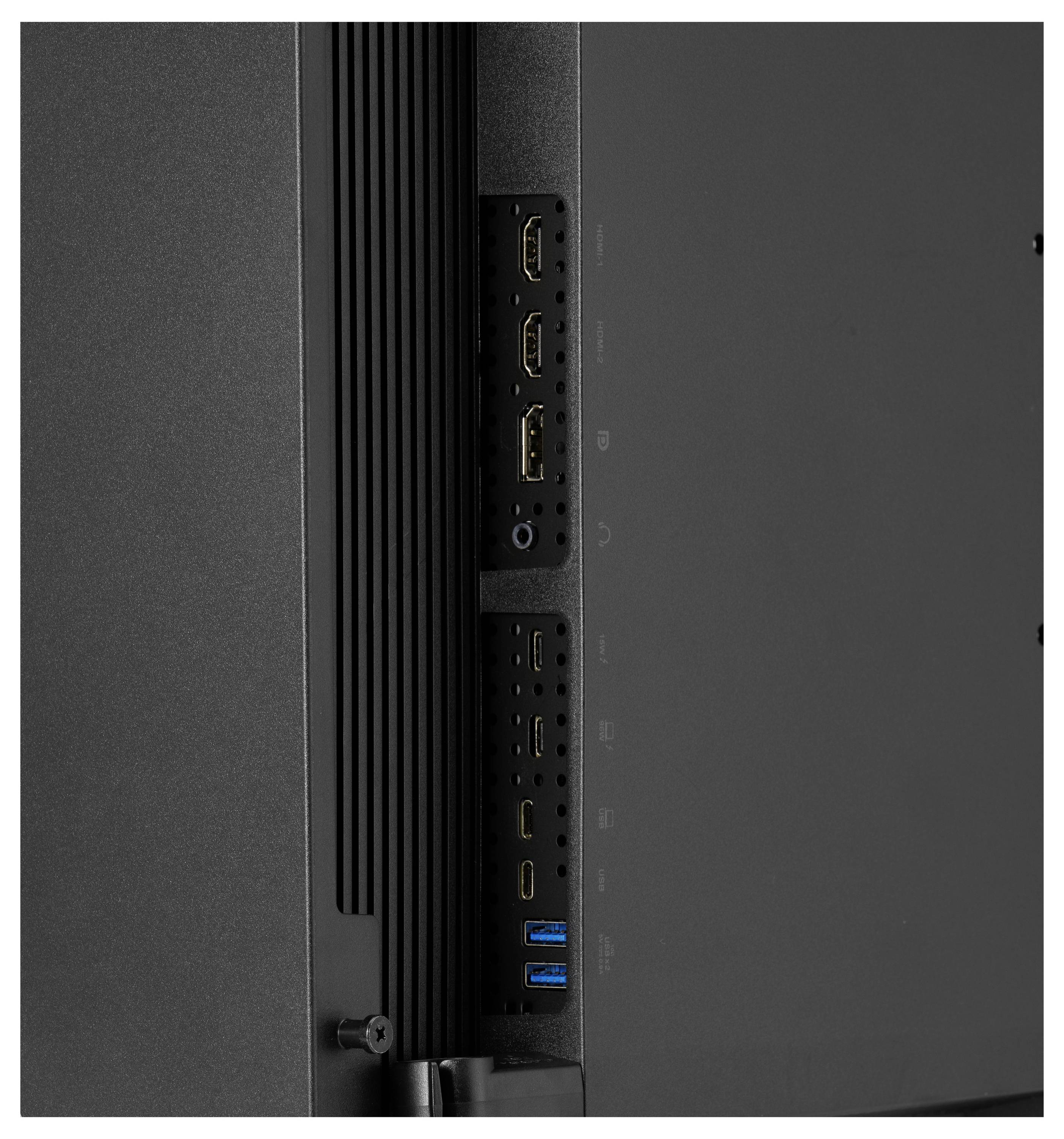 Nahaufnahme eines Eingabepanels auf der Rückseite eines Monitors mit mehreren Anschlüssen, einschließlich HDMI, USB, Audiobuchse und Stromverbindungen.