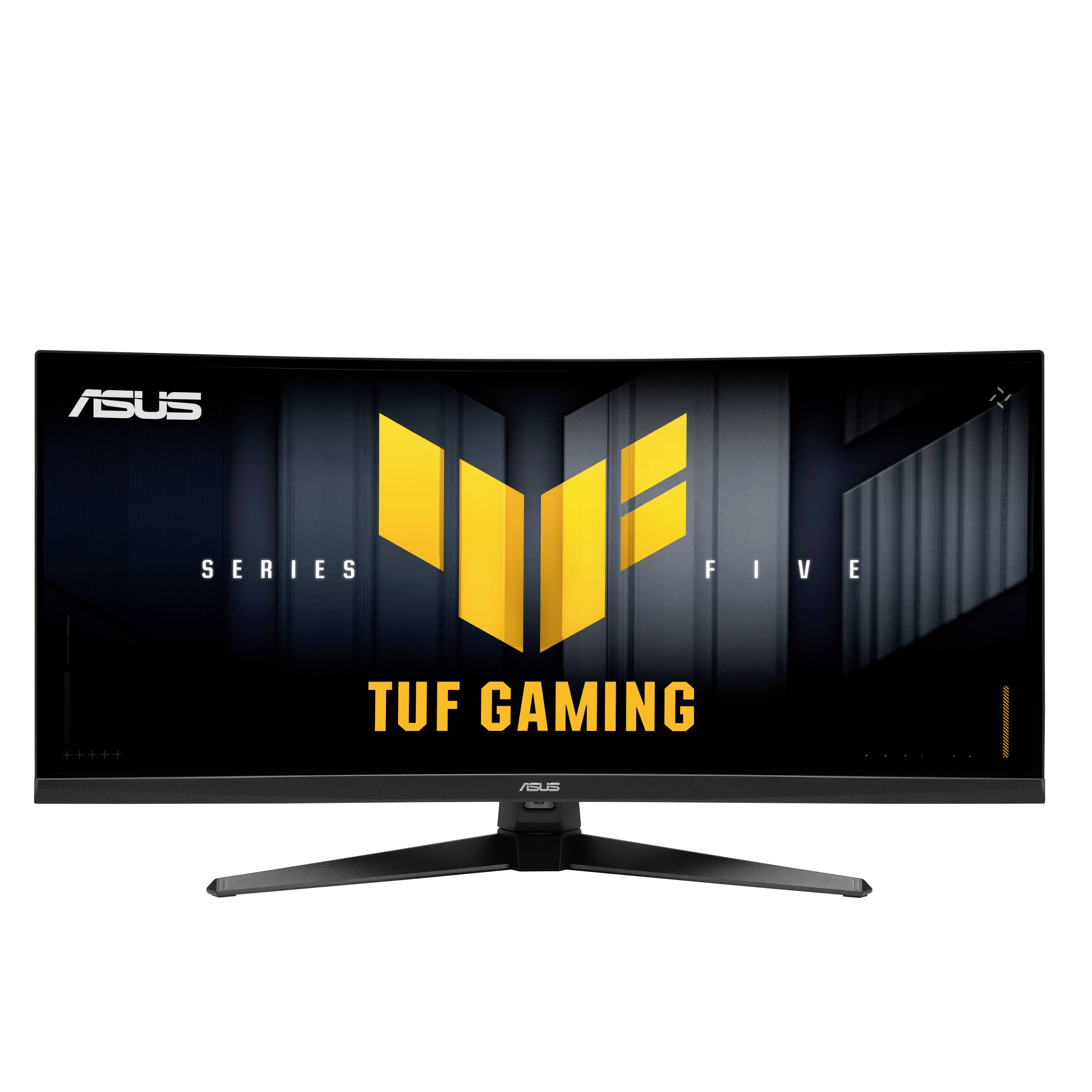 ASUS TUF Gaming Serie Fünf gekrümmter Monitor auf Ständer, mit schwarzem Bildschirm, der gelbes TUF-Logo und Branding zeigt.