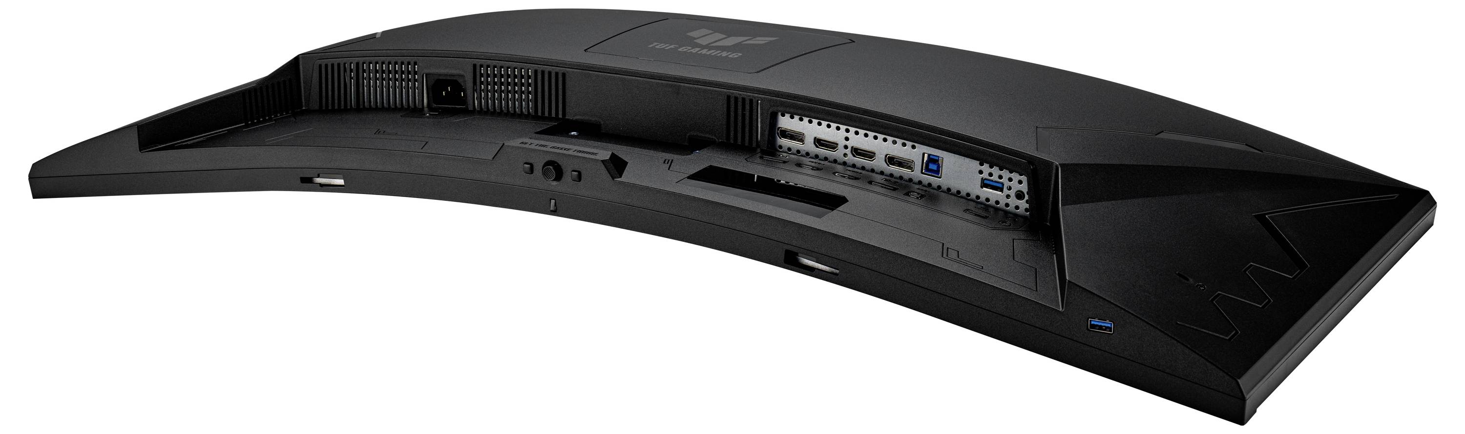 Rückansicht eines gekrümmten schwarzen Computermonitors mit sichtbaren HDMI- und anderen Anschlüssen auf der Rückseite.