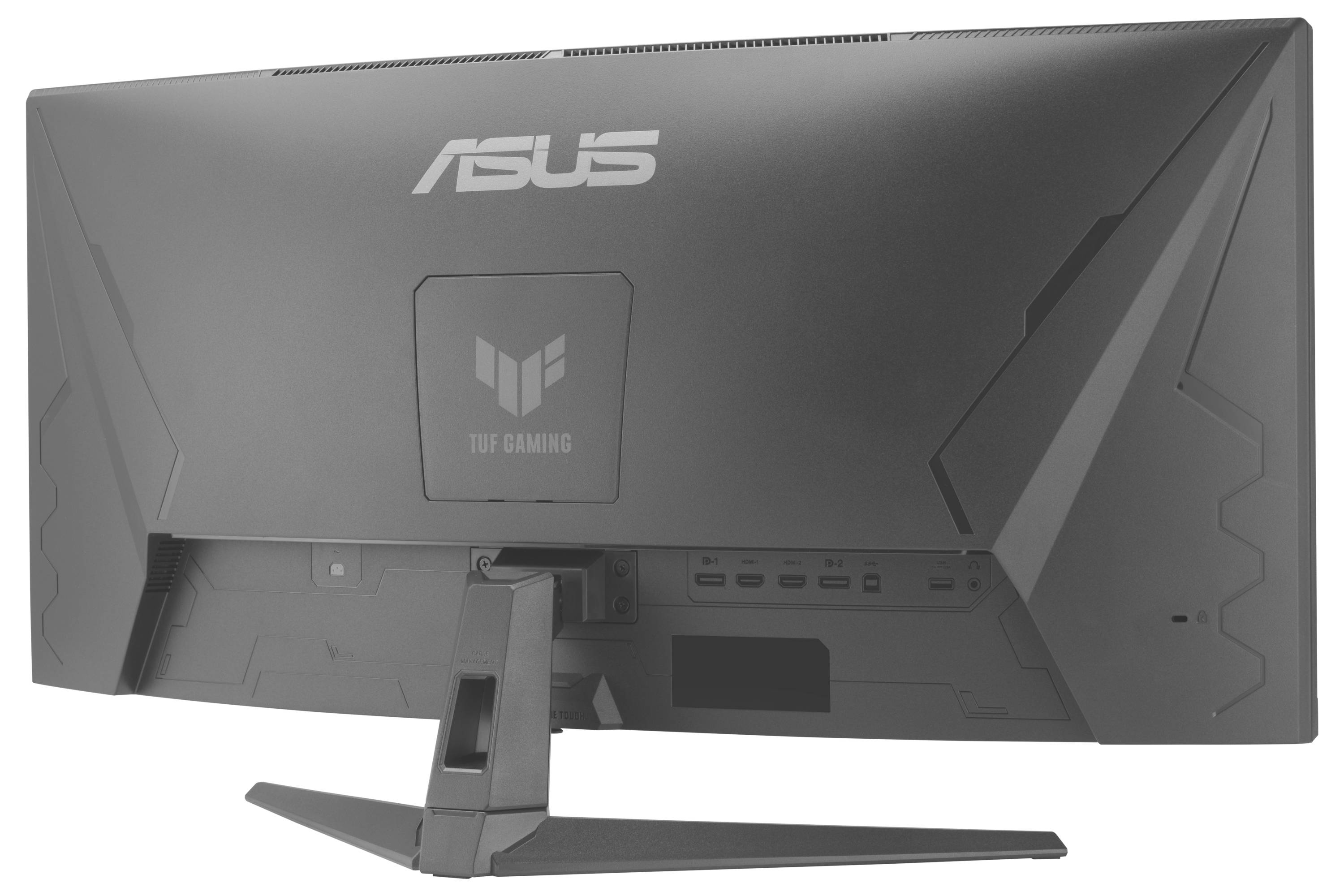 Rückansicht eines ASUS TUF Gaming-Monitors auf einem Ständer, der das Logo, das abgewinkelte Paneldesign und die rückwärtigen Anschlüsse zeigt.