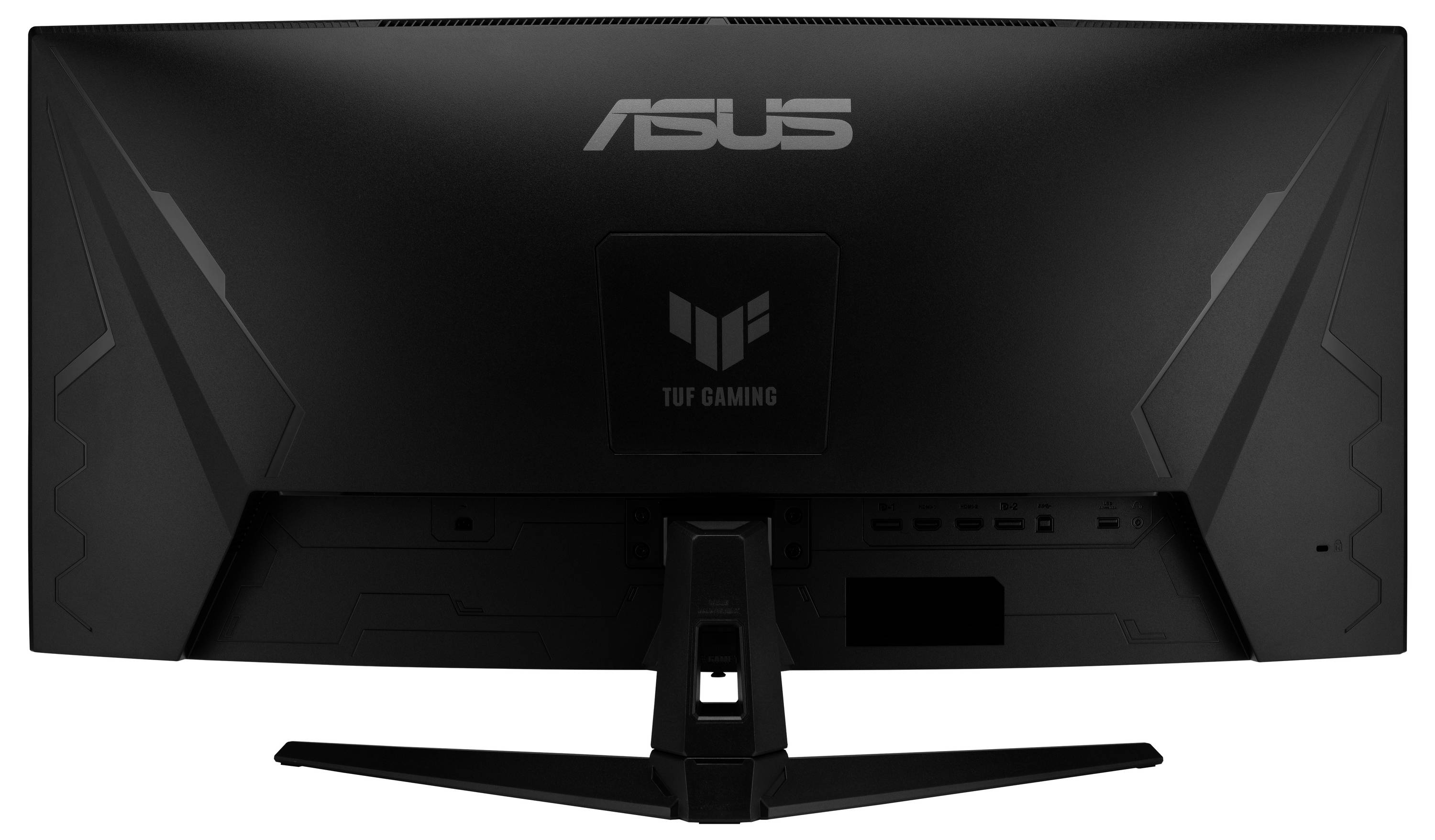 Rückansicht eines ASUS TUF Gaming-Monitors mit schwarzem kantigem Rücken, zentralem Ständer und sichtbaren hinteren Anschlüssen.
