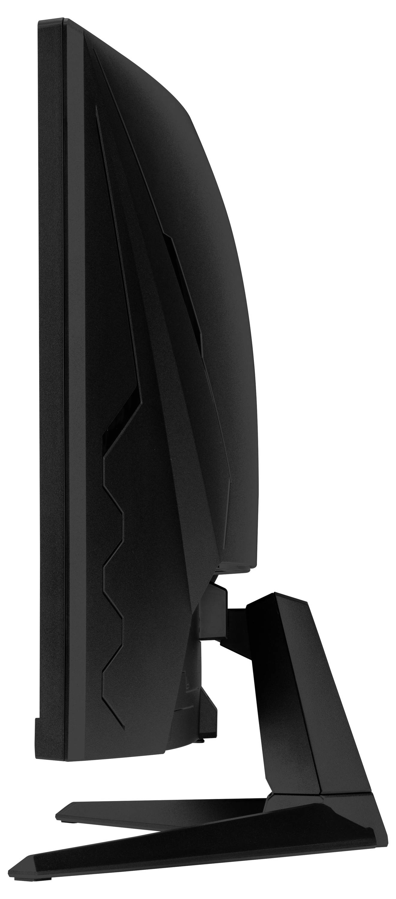 Seitenansicht eines schwarzen gebogenen Computermonitors auf einem Ständer, der sein schlankes Profil und die geometrische Basis zeigt.